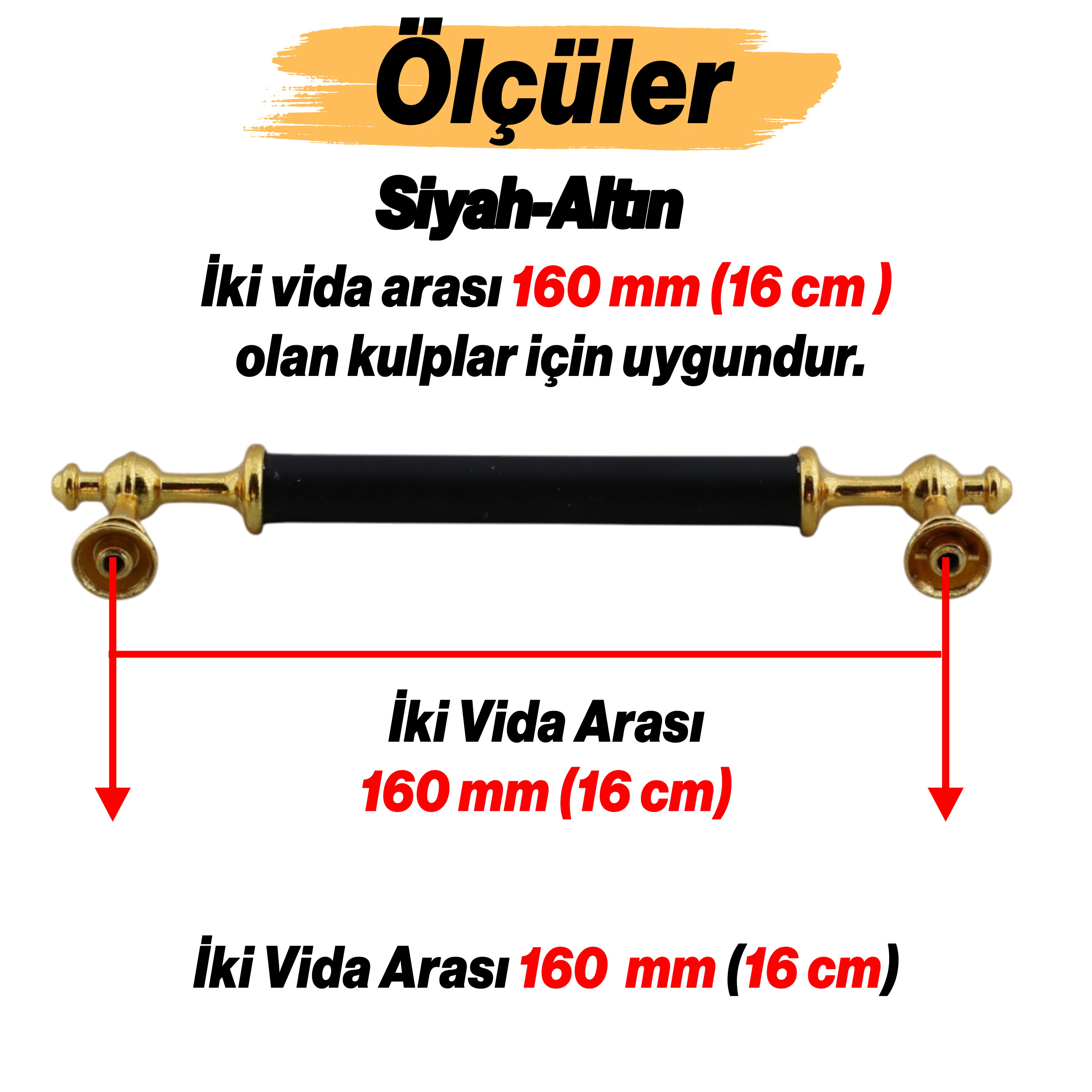 Melis (160 mm - 16 cm) Siyah Gold Metal Mobilya Mutfak Çekmece Dolap Dolabı Kulbu Kulpu Kulpları