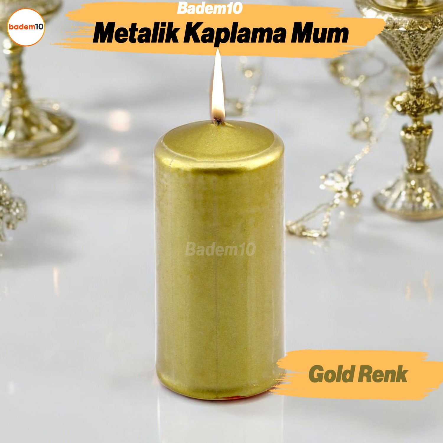 Baton Mum Metalik Kaplama Gold Silindir Dekoratif Mumu Kandil Hediyelik Mumlar Şamdan Kokusuz 8 cm