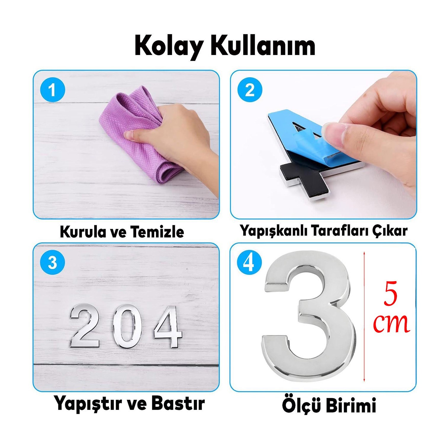 Yapışkanlı Kapı Numarası Küçük Boy 50 mm 5 cm Numara 3 Rakam Üç Sayısı Krom Renk Numaralar 1 Adet