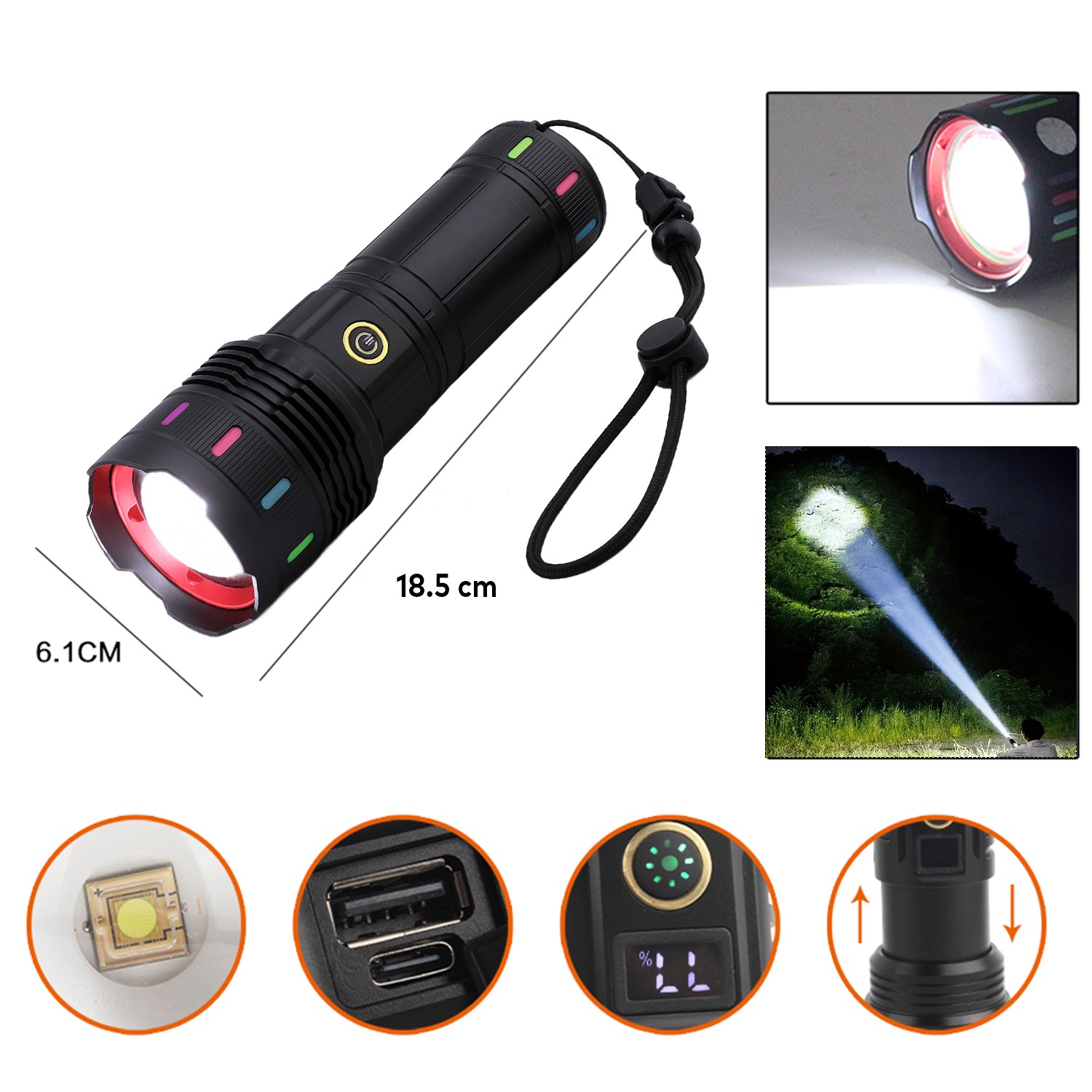 2500 Lümen Şarjlı Powerbank LED El Feneri Süper Parlak 60W Uzun Menzilli Su Geçirmez Ev Kamp Fener
