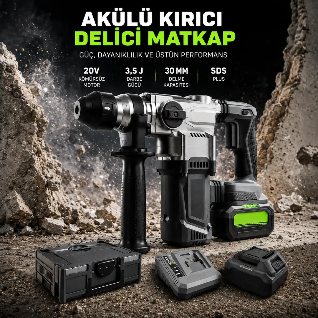 20V Akülü Kırıcı Delici SDS Plus Kömürsüz Motor 3.5J Darbeli