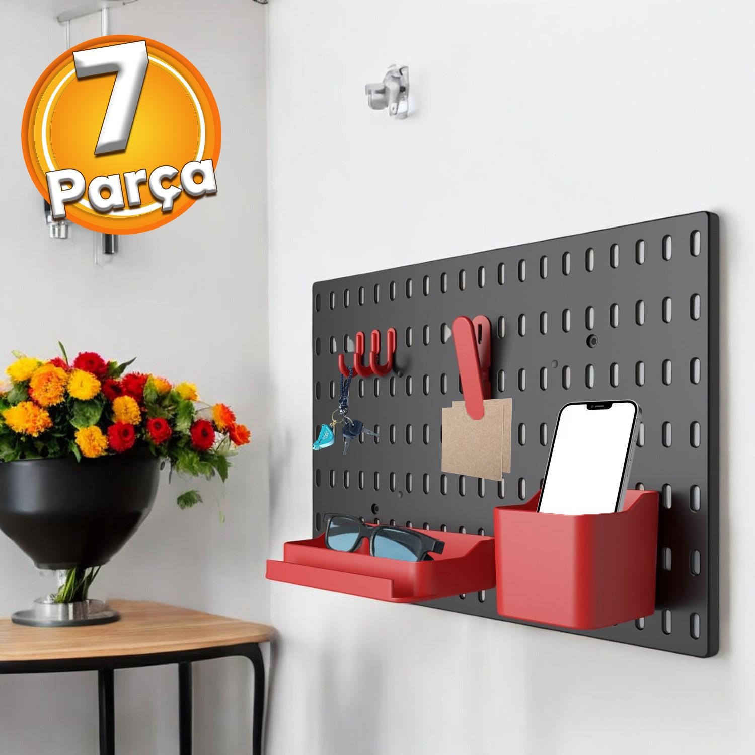 Plastik Delikli 7 Parçalı Organizer Siyah Kırmızı Çok Amaçlı Anahtarlık Pano Düzenleyici 40x28 cm