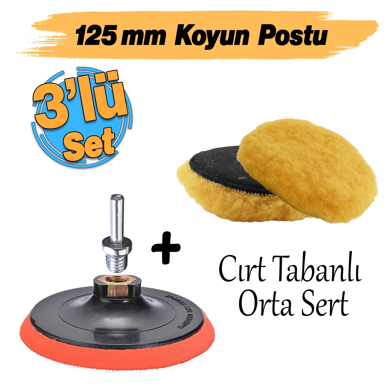 Sarı Renk (3'lü Set) Orta Sert Koyun Kuzu Postu Pedi Ø 125 mm Pasta Cila Polisaj Cırt Taban + M14