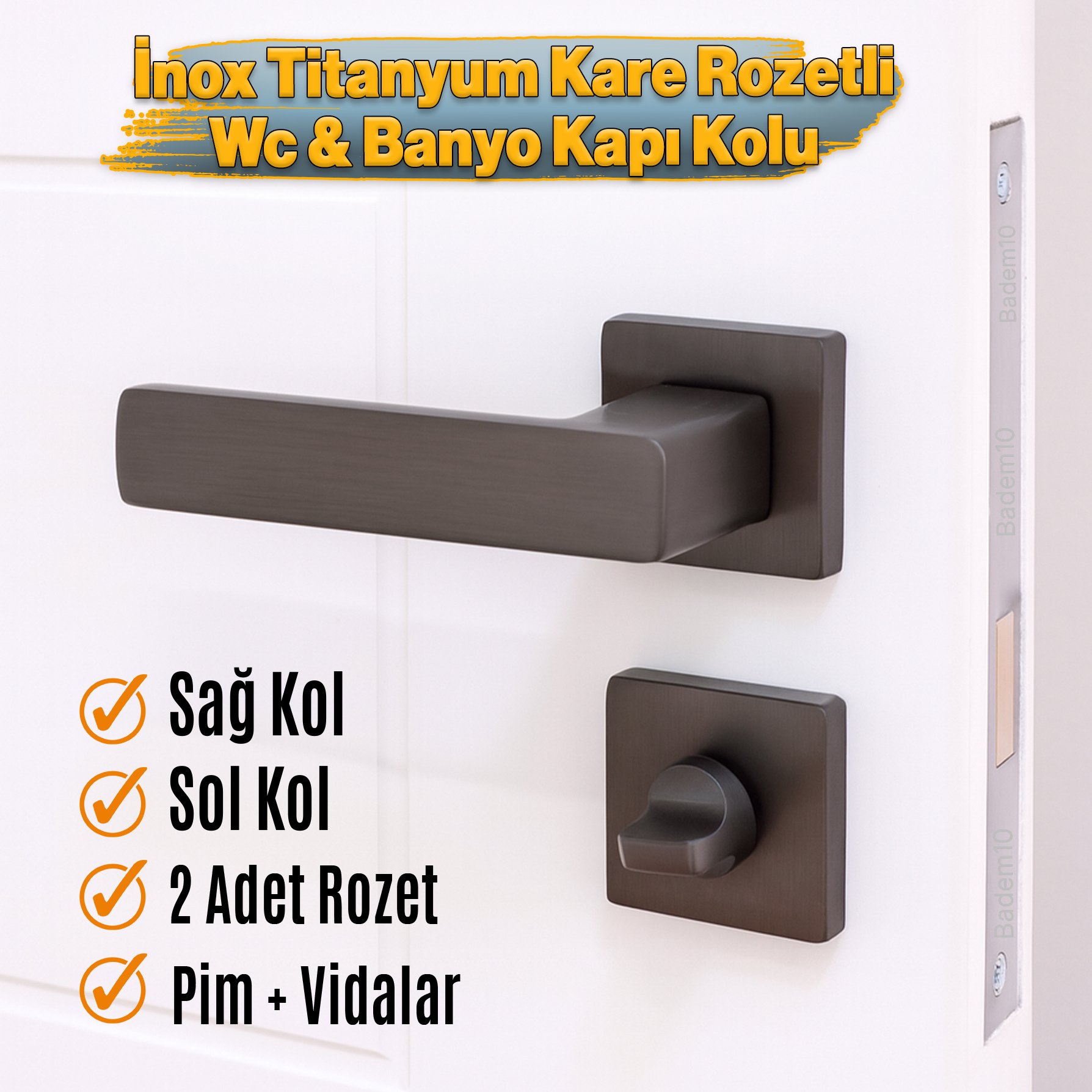 İnox Titanyum Wc Banyo Tipi Kapı Kolu Rozetli Sağ Sol Uygun Modern İç Kapı Kilitli 1 Takım