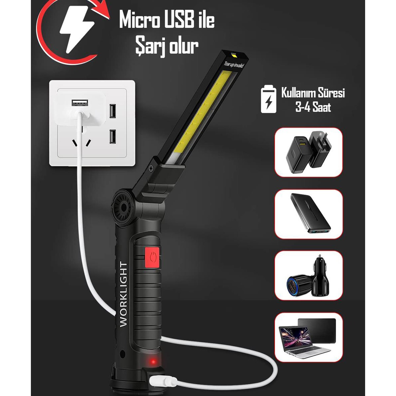 Ledli El Feneri Lambası 5 Modlu Şarjlı Mıknatıslı Kamp Feneri Beyaz Kırmızı Sos Işık 360° Dönerli