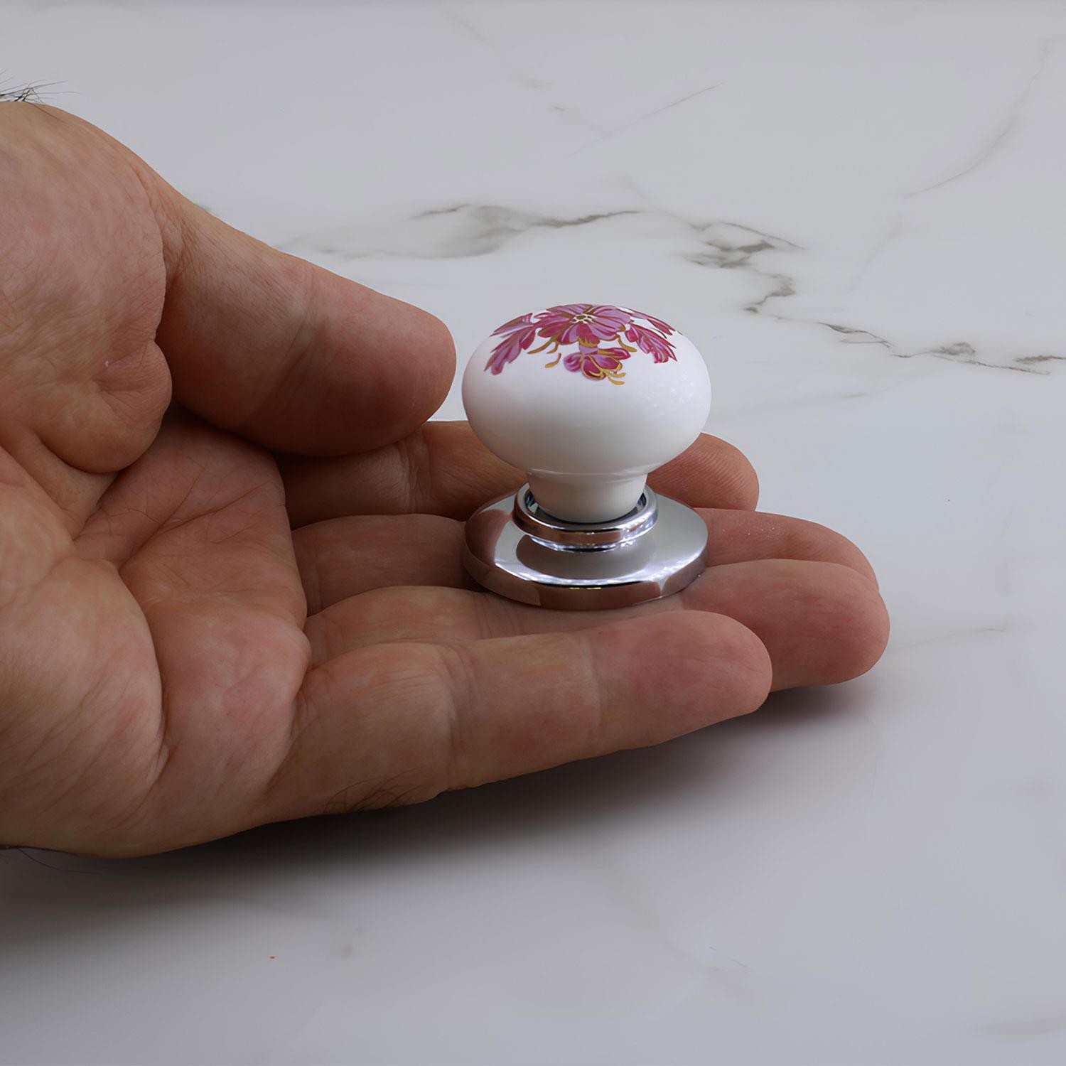 Polimer Kulp Düğme Pembe Çiçek Desenli Krom Tabla Mobilya Mutfak Dolabı Çekmece Kulpu Kulbu 5 ADET