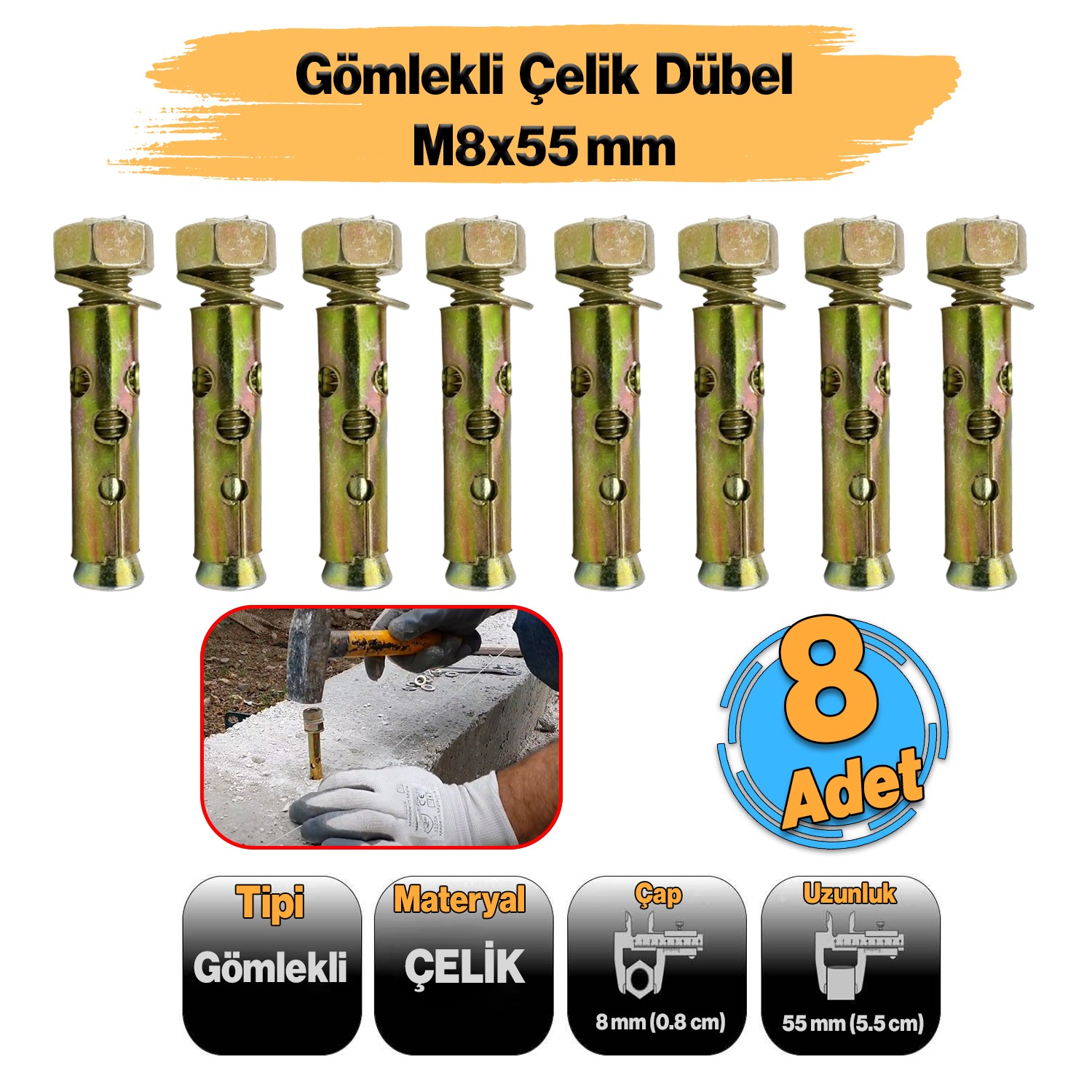 Gömlekli (8 Adet) Çakma Çelik Dübel M8x55 mm Raf Montaj Bağlantı Zemin Monte Tavan Beton Asma Aparat