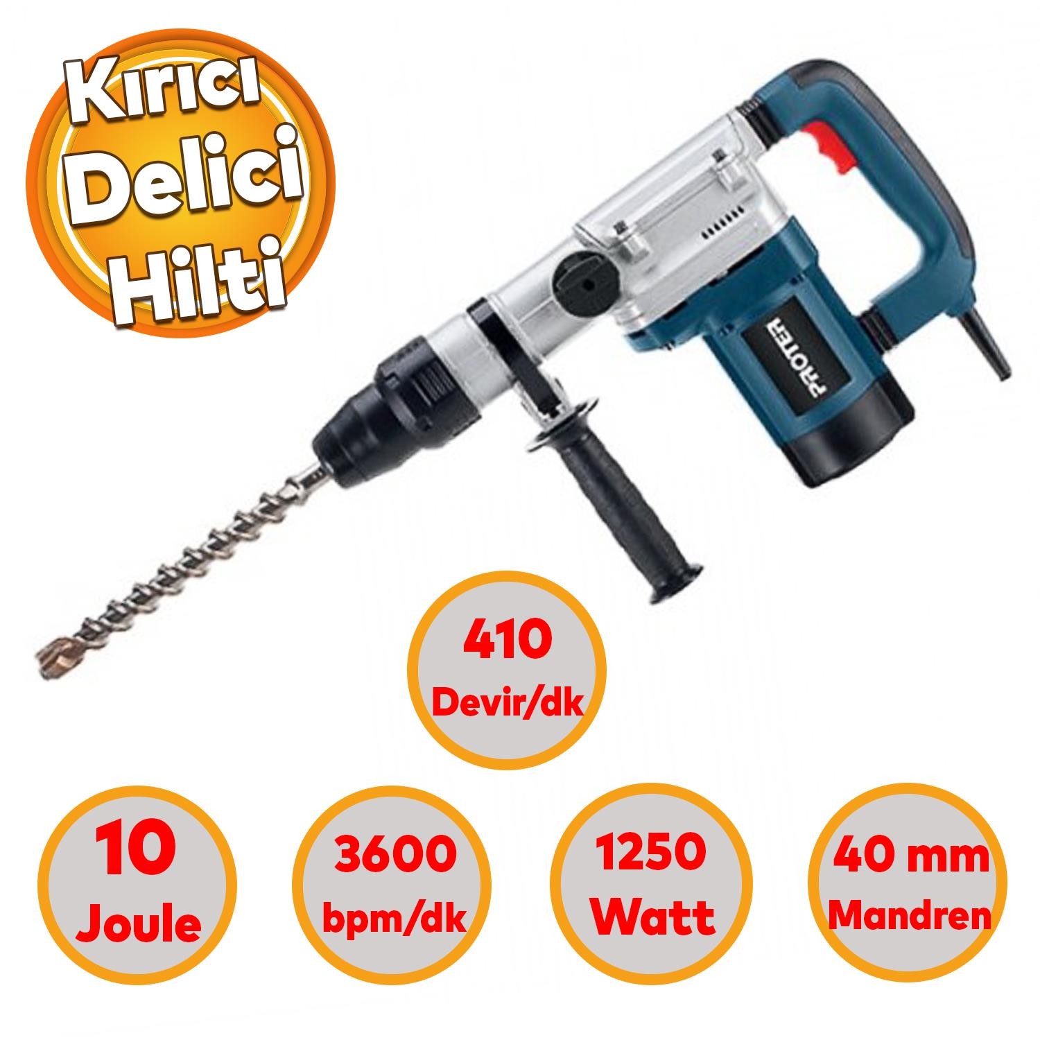 Kırıcı Delici Darbeli Matkap 1250 W Proter Metal Beton Elektropnömatik Delme Kırma Hilti 40 mm