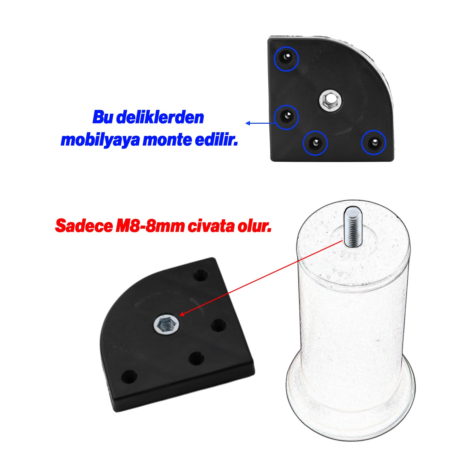 Mobilya Kanepe Baza Yatak Koltuk Destek Yükseltme Ayağı M8 Civatalı Aparat Krom Metal 15 cm Ayaklar 