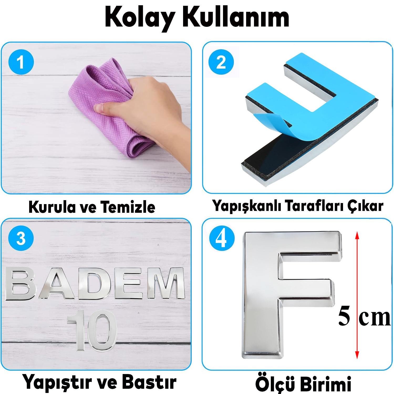 Harf Yapışkanlı F Harfi 5 cm Kapı Oda Posta Kutusu Oto Araç Harfi Yazısı Parlak Krom Gümüş 