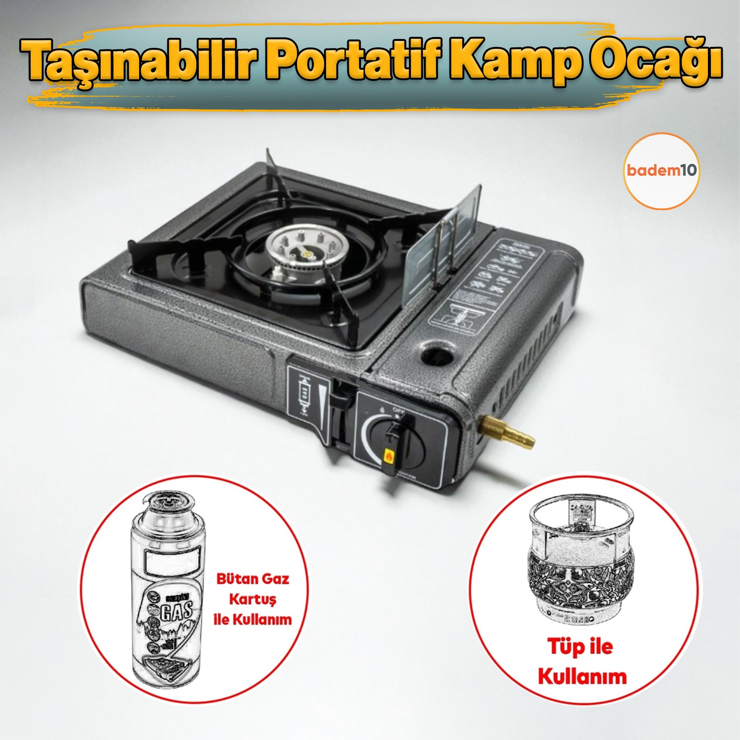 Gri Renk Taşınabilir Portatif Kamp Ocağı Tekli Tek Gözlü Kartuşlu Piknik Tüp Bağlantılı Gezi Ocak