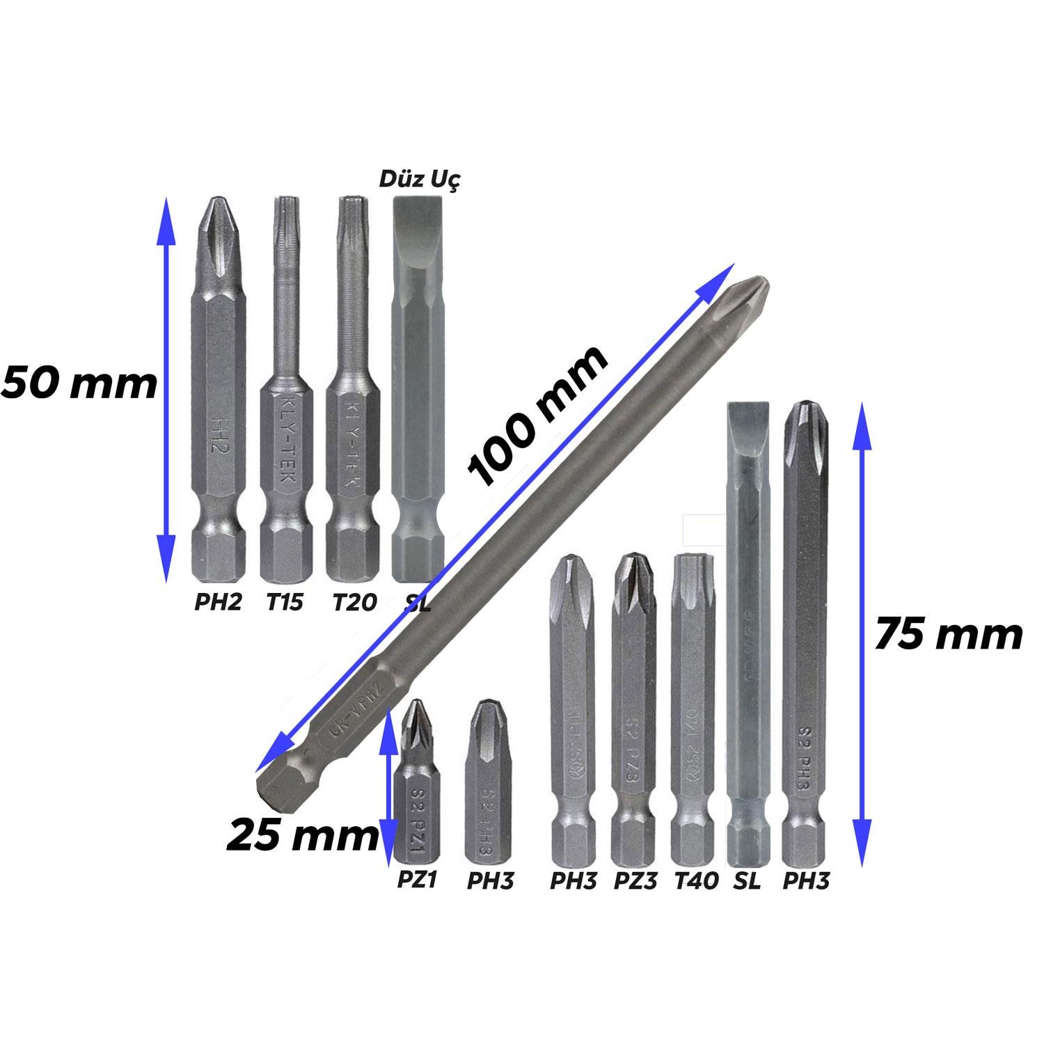 Klytek Matkap Bits Uç Vidalama Ucu Düz Yıldız Torx Uç (12 PARÇA)