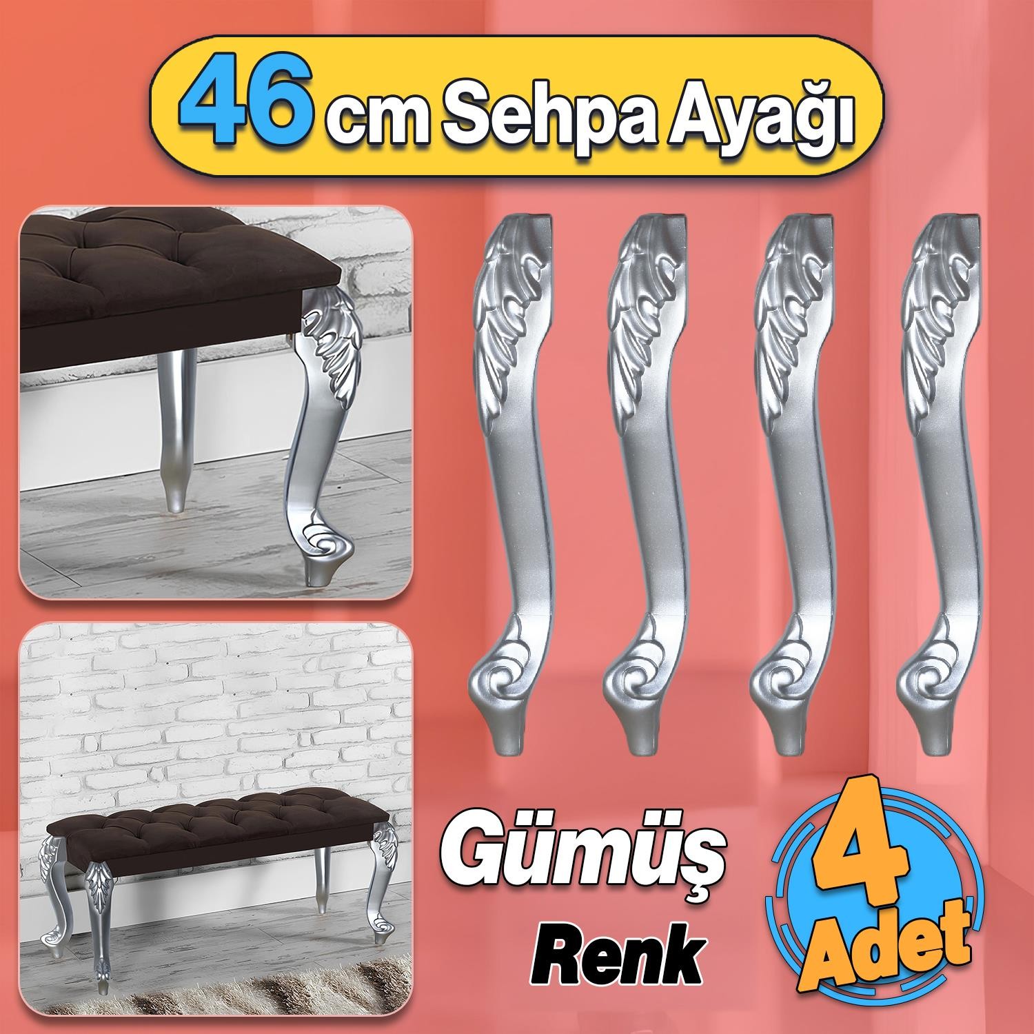 Zade Plastik Sehpa Ayağı 46 cm Gümüş Gri Renk 4 Adet Mobilya Zigon Çay Orta Sehpası Ayakları