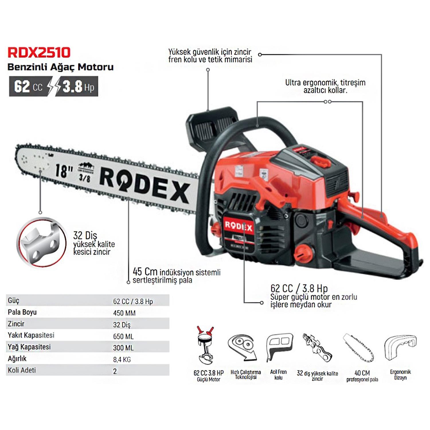 Rodex RDX2510 Benzinli Hızar Ağaç Kesme Motoru 45 Cm 32 Diş