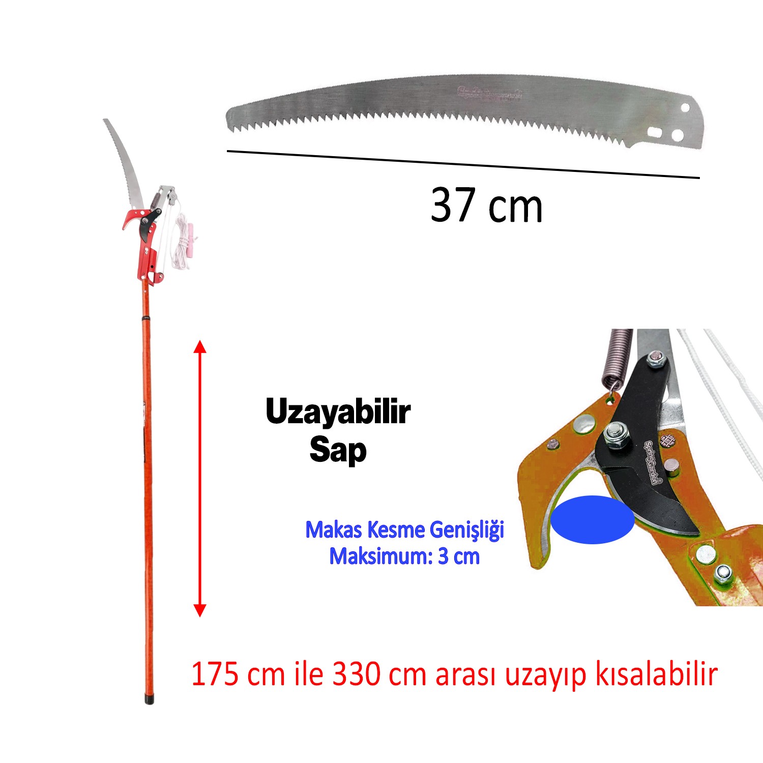 Ayarlanabilir 330 cm Teleskopik Alüminyum Saplı Yüksek Yerlerde Ağaç Dal Kesme Budama Makası Testere