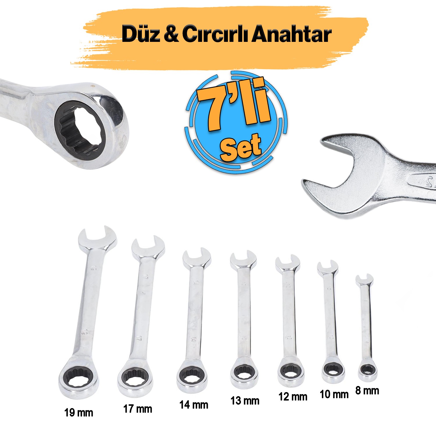 Cırcırlı Anahtar Seti 7'li Set Açık Ağızlı Düz ve Cırcır Kombine Anahtar 8-10-12-13-14-17-19 mm