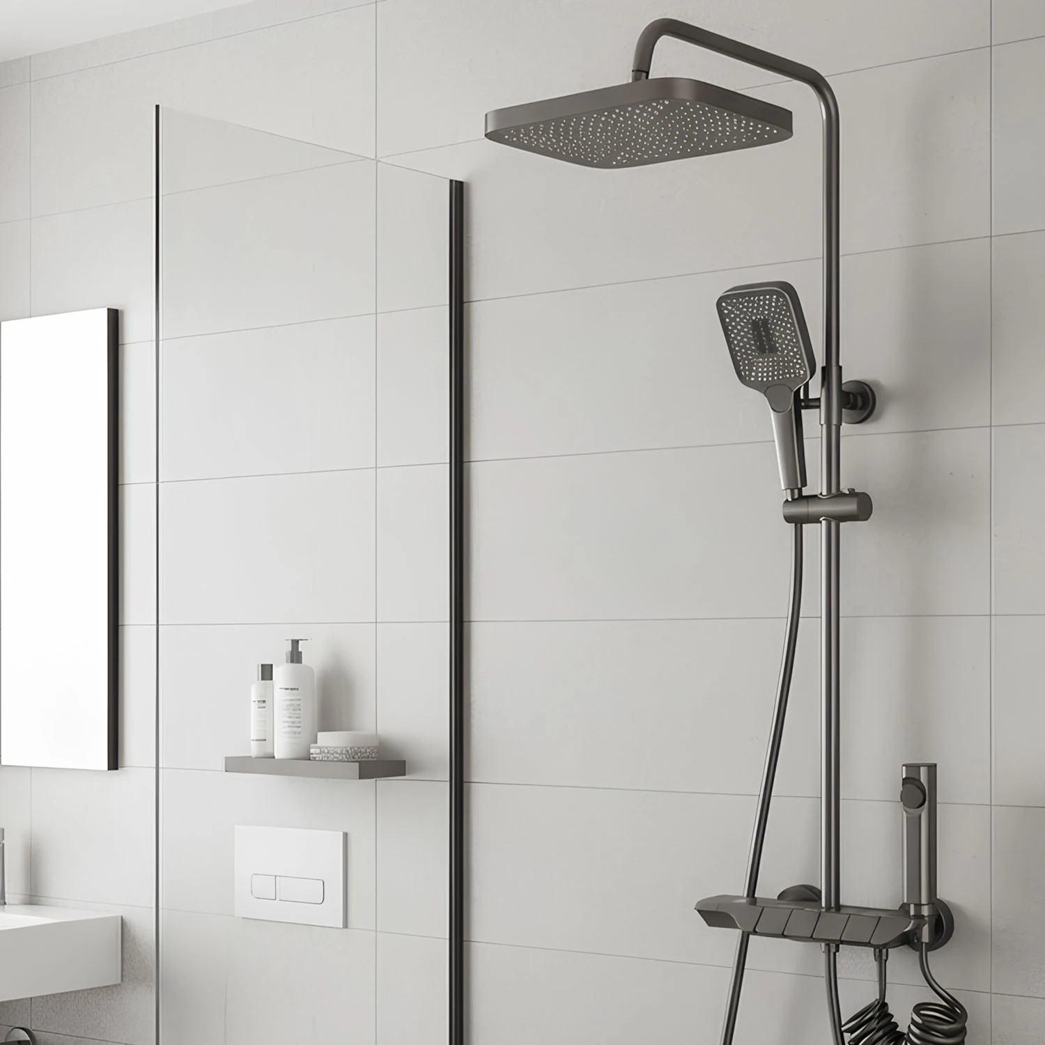 Piyano Robot Duş Seti Tuşlu Tam Takım Antrasit Lüks Yağmurlama Fonksiyonlu El Duşu Başlıklı Sistemi