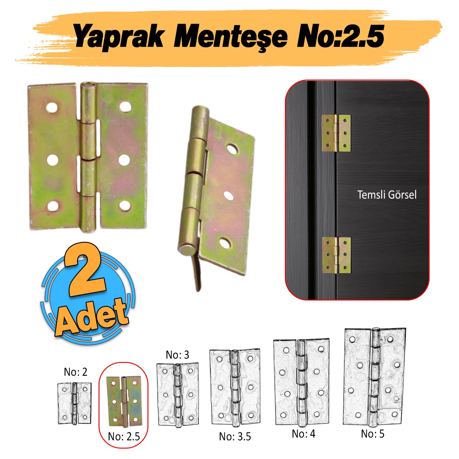 Yaprak Menteşe 2 Adet Prinç Sarı No:2.5 Mobilya Pencere Kapı Duşakabin Dolap Menteşesi İki Kanatlı