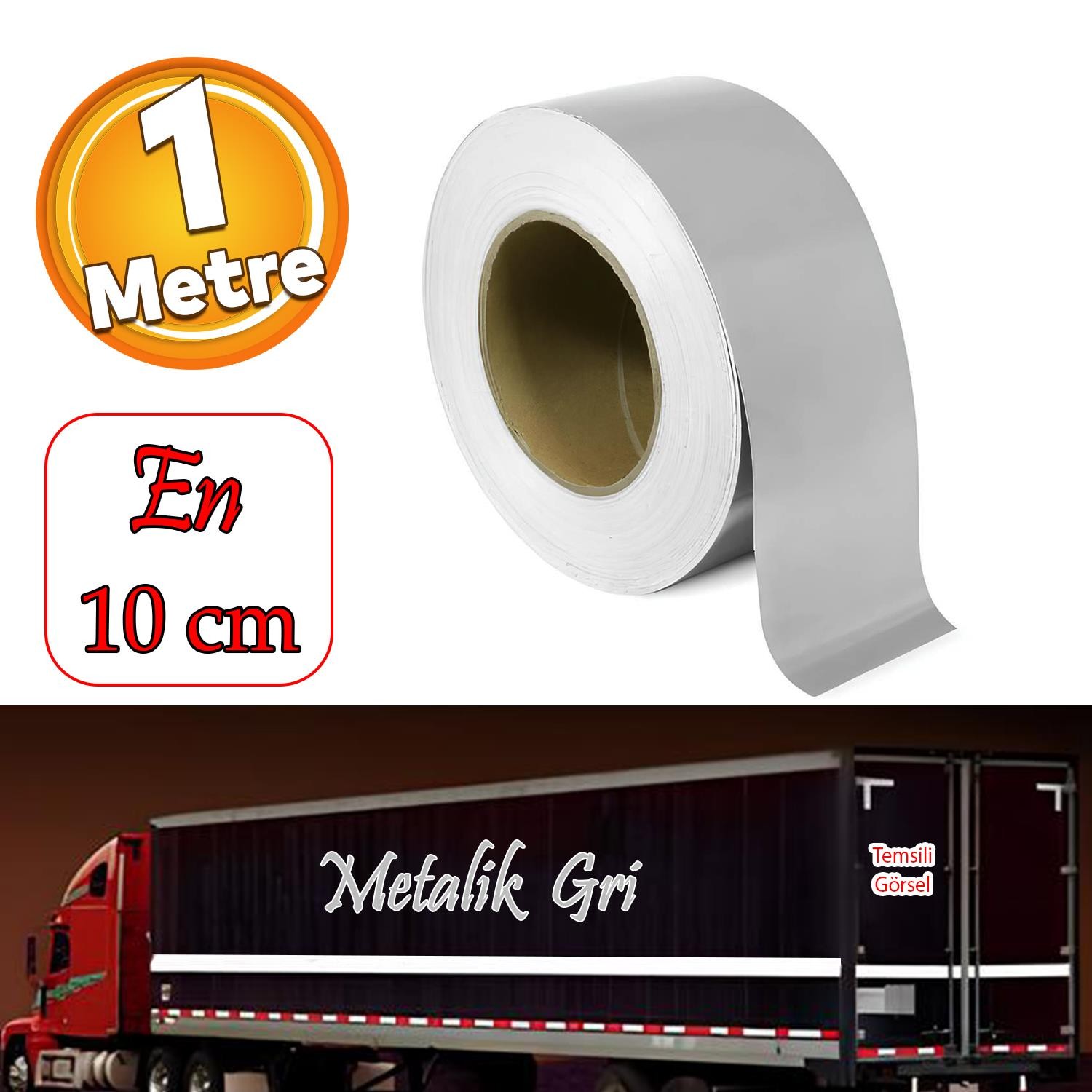 Metalize Gri Renk Düz Desensiz En 10 cm 1 Mt İkaz Bandı Reflektif Gece Parlayan Reflektörlü Bant