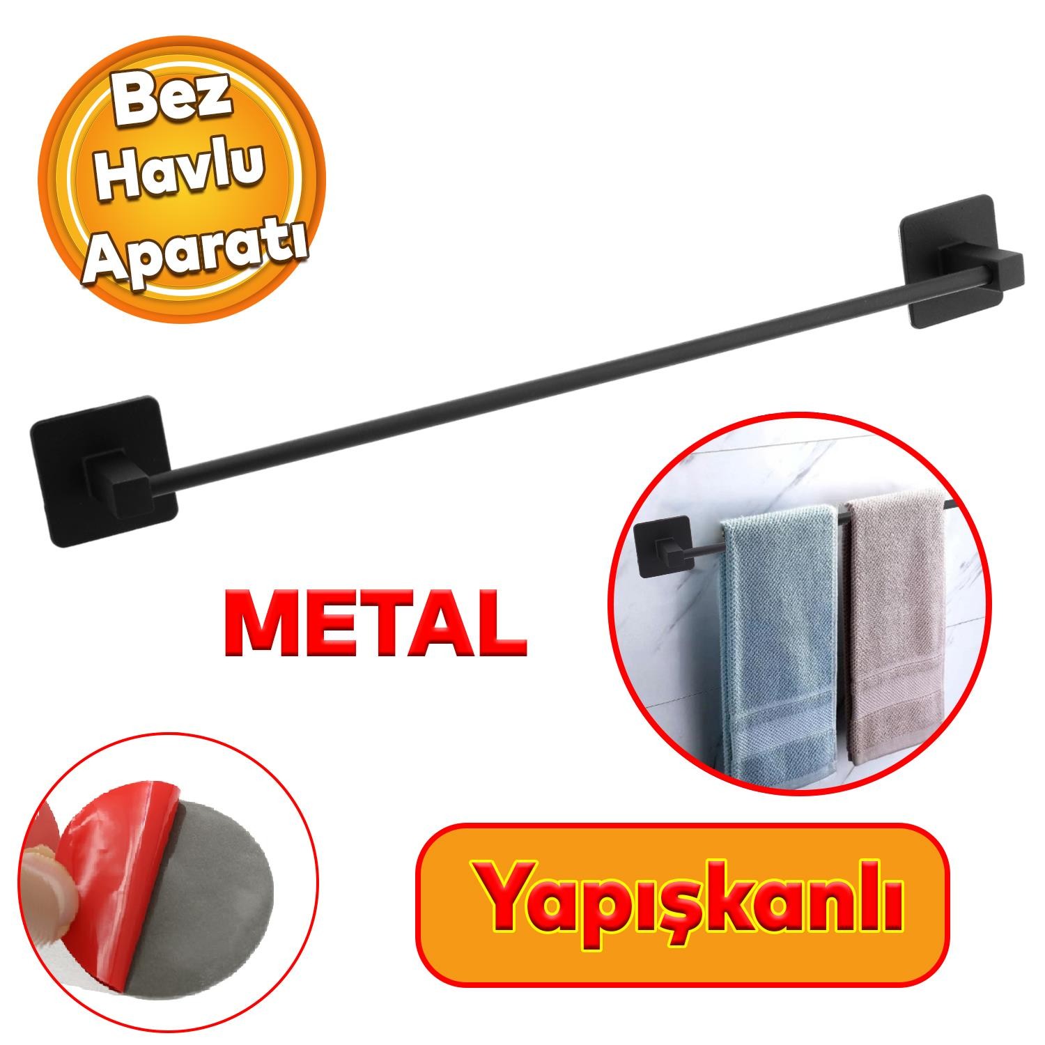 Yapışkanlı Lavabo Banyo Mutfak Havlu Standı Askısı Paslanmaz Metal Siyah Bez Havluluk Uzun 40 cm