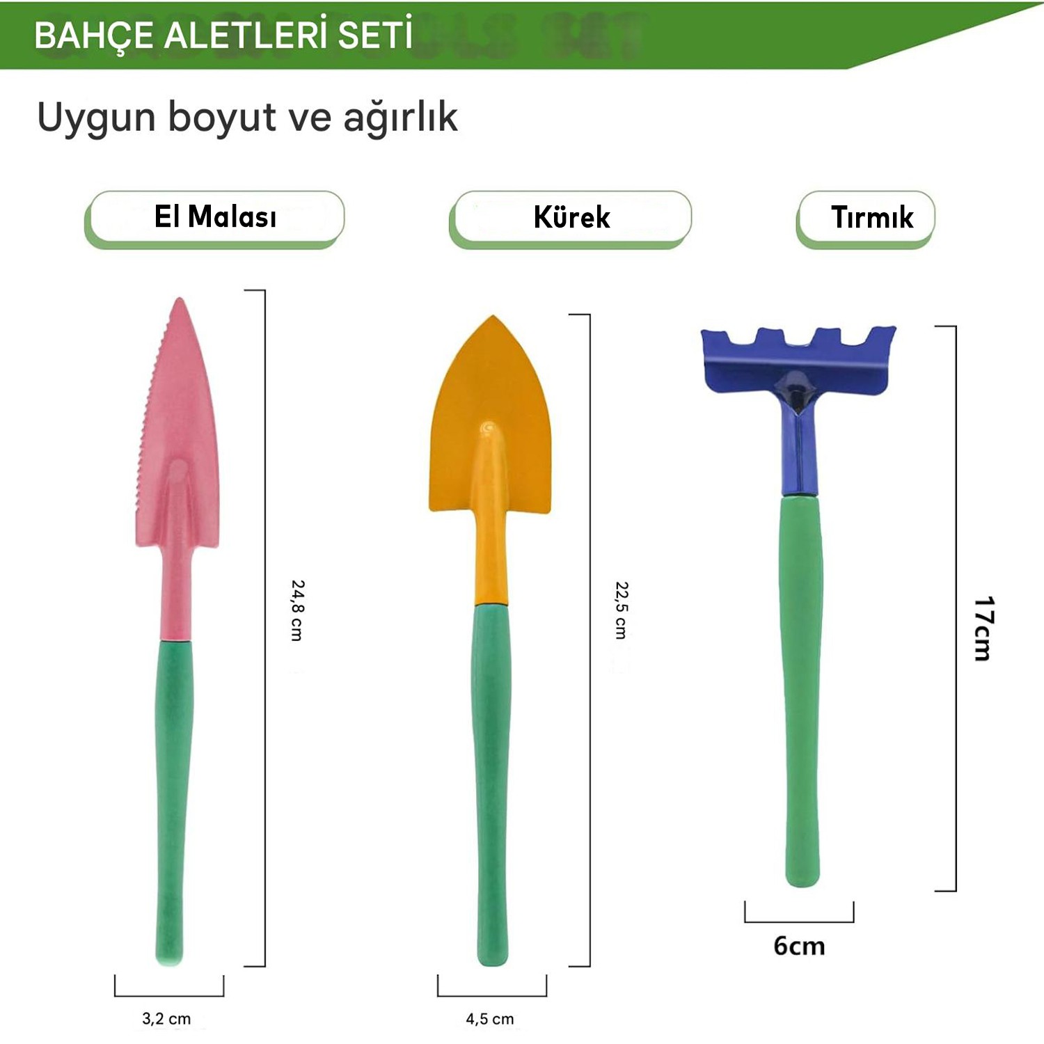 Hobi 3'lü Set Çapa Tırmık Metal Bahçe Tarla Çim Peyzaj Bitki Çiçek Ekme Toprak İşleme Küreği Küçük