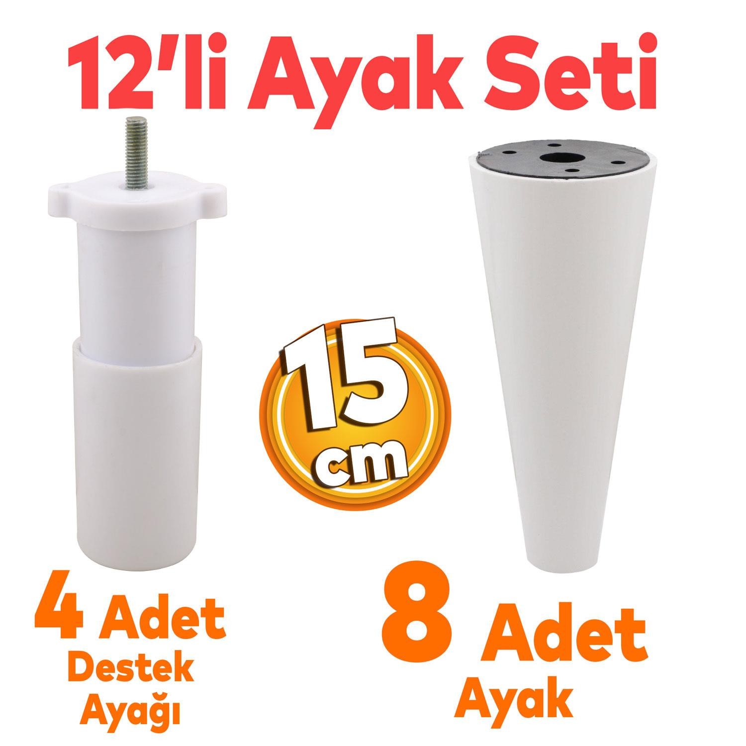 Mobilya Ayağı Konik 12'li Set TV Ünitesi Çekyat Koltuk Kanepe Destek Ayağı 15 cm Beyaz Baza Ayak