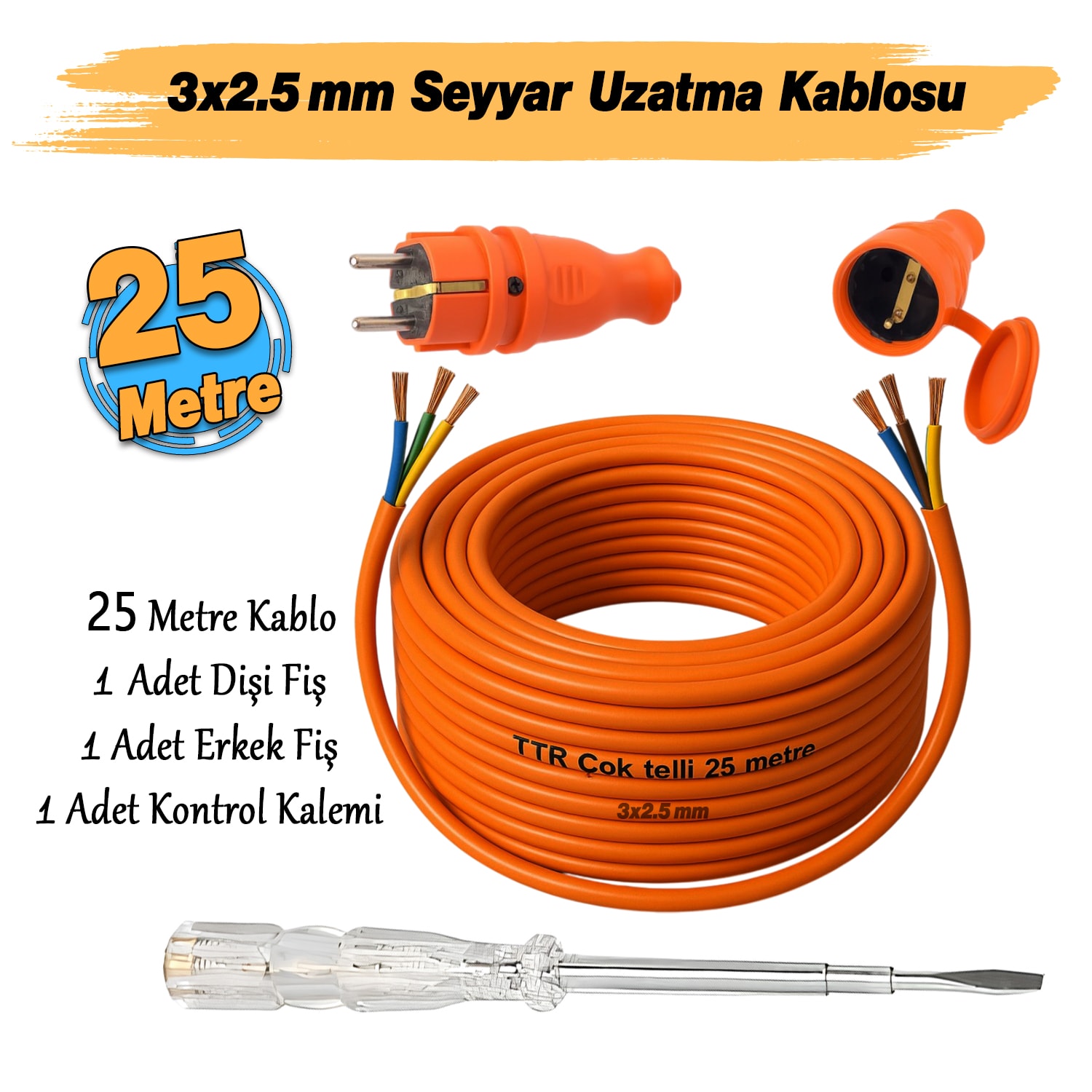 Seyyar 25 Metre Uzatma Kablosu TTR CCA Telli 3x2.5 mm Elektrik Kablo Kontrol Kalem Dişi Erkek Fiş