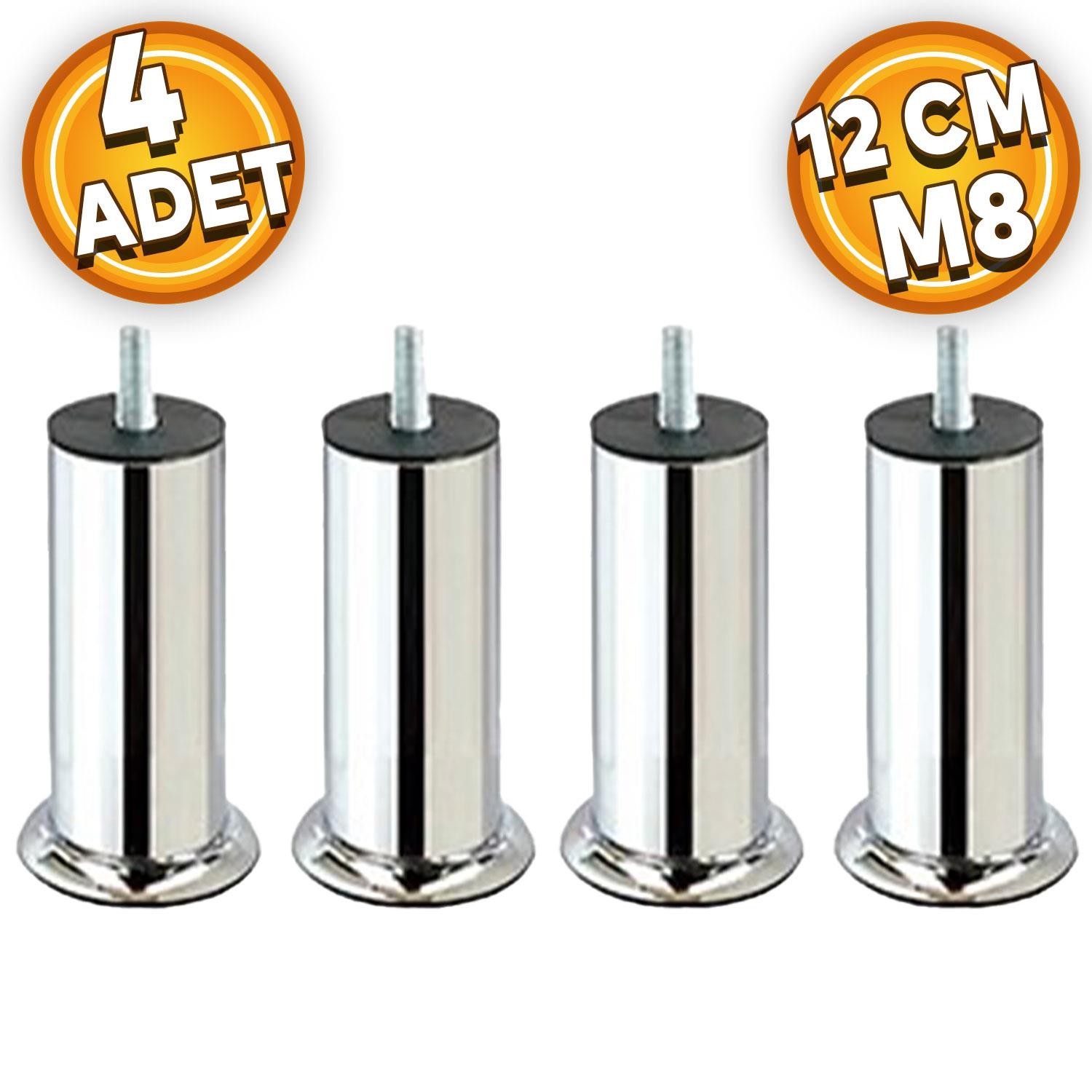 Mobilya Kanepe Koltuk Baza Yatak Çekyat Yükseltme Ayağı M8 Ince Diş Krom Metal Ayakları 12 Cm 4 Adet