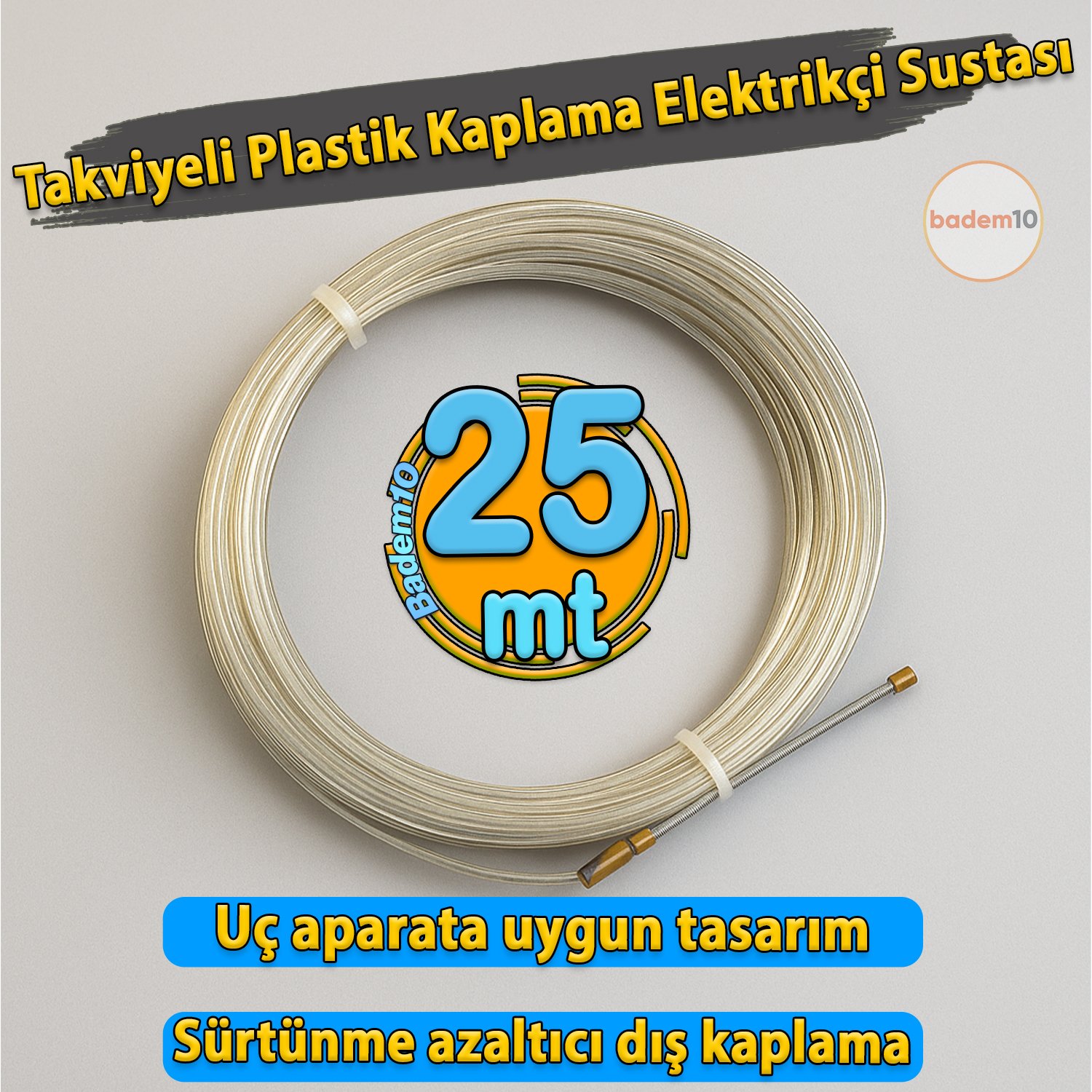 25 Metre Elektrikçi Sustası Plastik Kaplama Spiral Kablo Çekme Teli Kılavuz Tel Tesisat Usta Tip Yay
