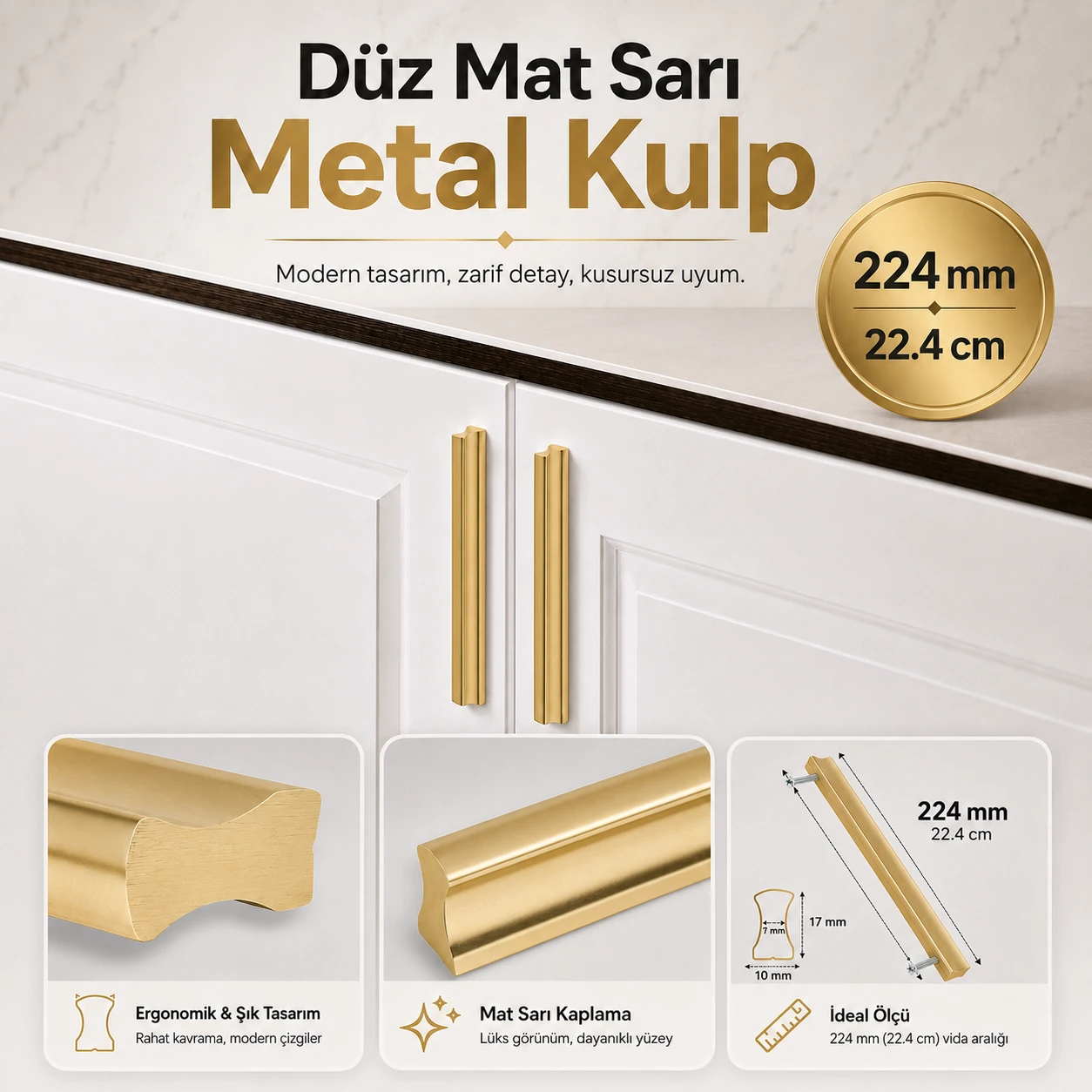 Düz Mat Sarı Metal Çekmece Kulp 224 mm 22.4 cm Dolap Mobilya Kulpu