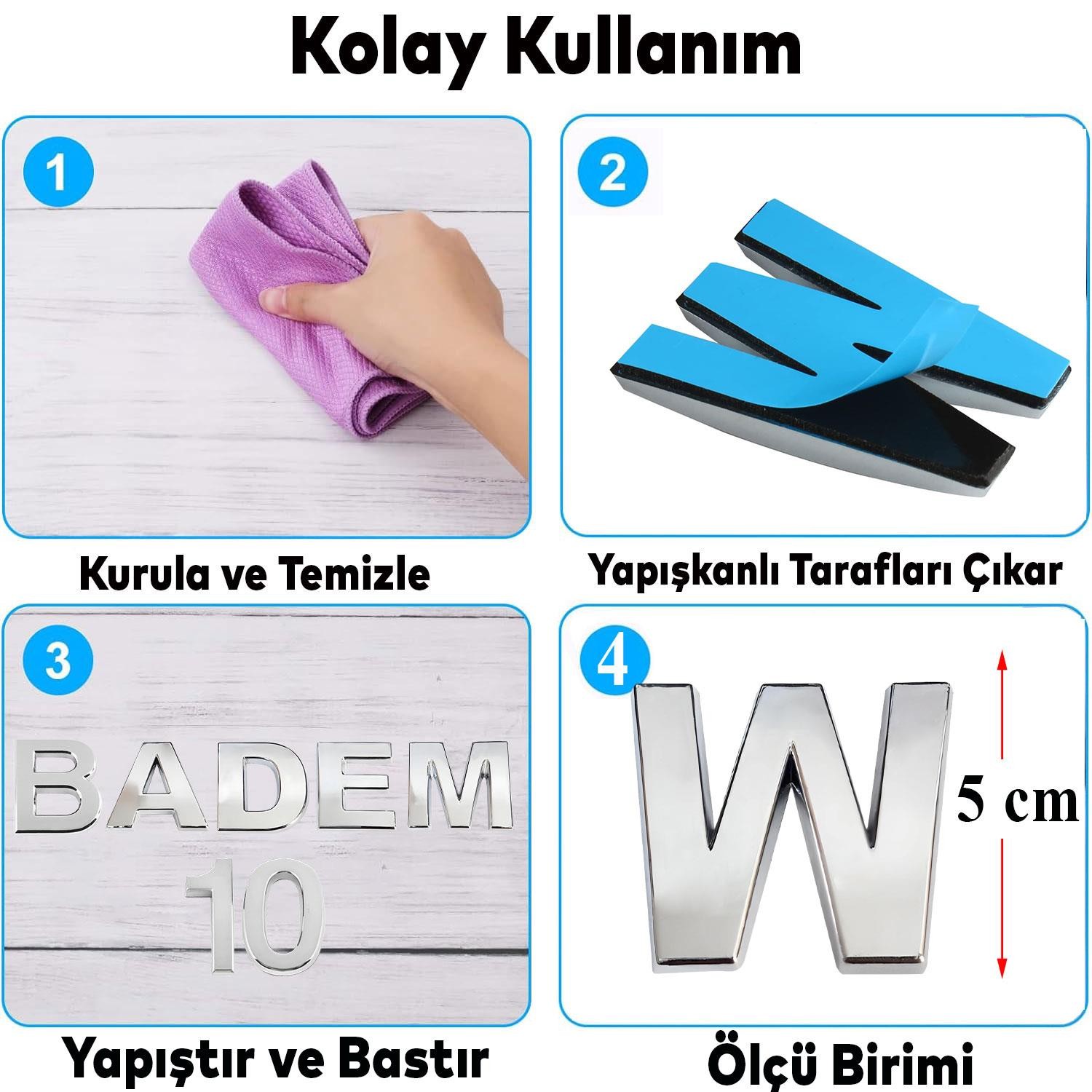 Harf Yapışkanlı W Harfi 5 cm Kapı Oda Posta Kutusu Oto Araç Harfi Yazısı Parlak Krom Gümüş 