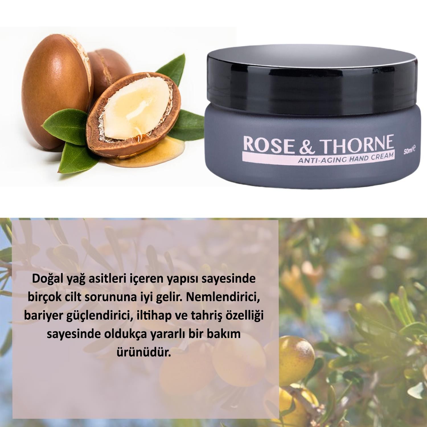 Rose Thorne 50 Ml Yaşlanma Karşıtı El Bakım Kremi Nemlendirici Argan Yağı Hyalüronik Asit Kolajen