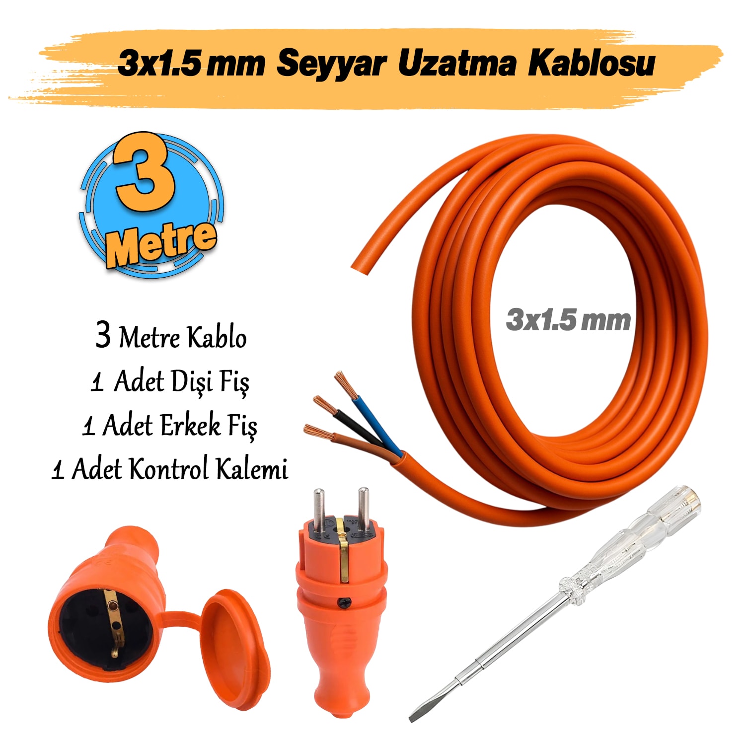 Seyyar 3 Metre Uzatma Kablosu TTR CCA Çok Telli 3x1.5 mm Elektrik Kablo Kontrol Kalem Dişi Erkek Fiş