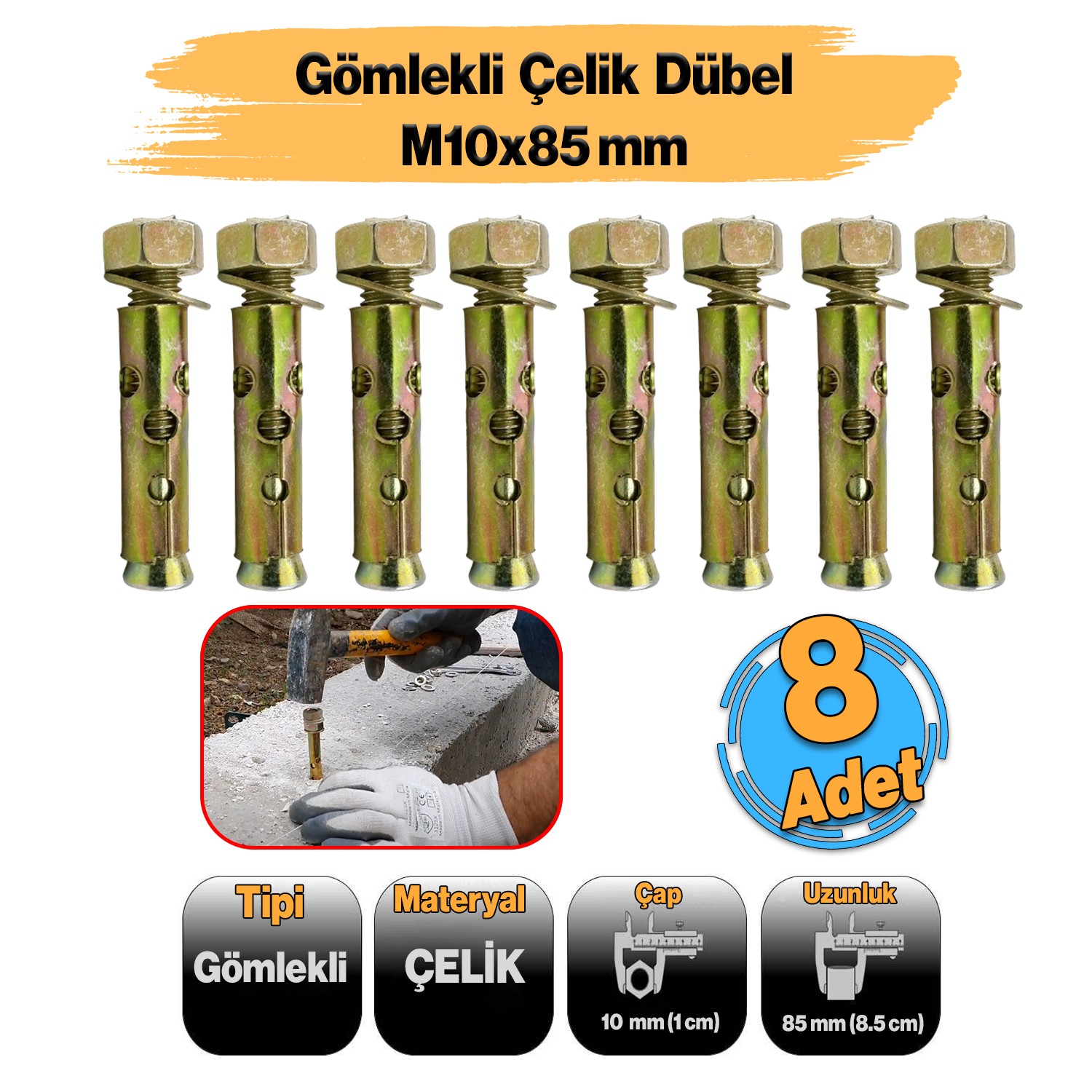 ( 8 Adet ) Saplamalı Gömlek Çelik Dübel M10x85 mm Raf Montaj Bağlantı Zemin Monte Betona Asma Aparat