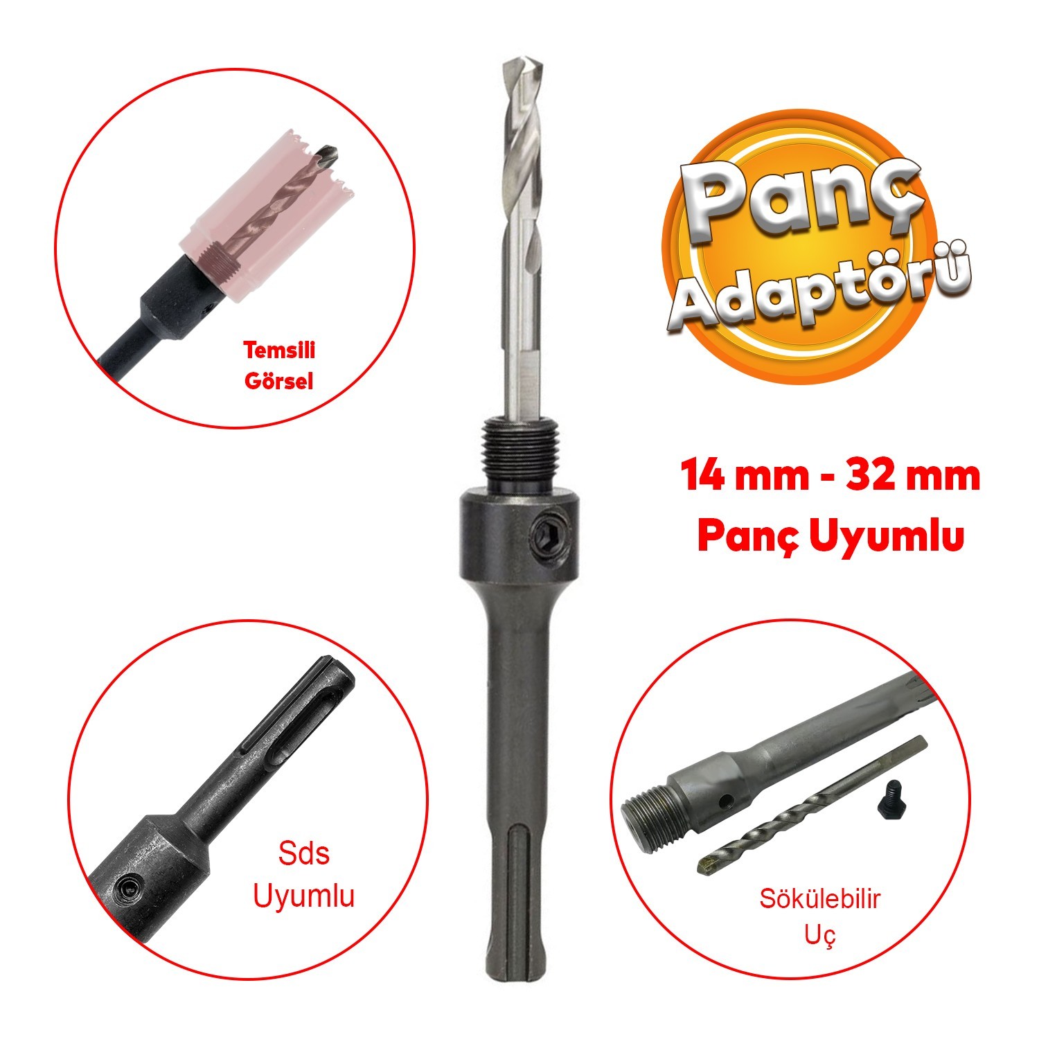 Metal Sds Plus Panç Adaptörü 14x32 mm Delik Oyuk Açma Delme No:2 Bi Metal Matkap Uyumlu