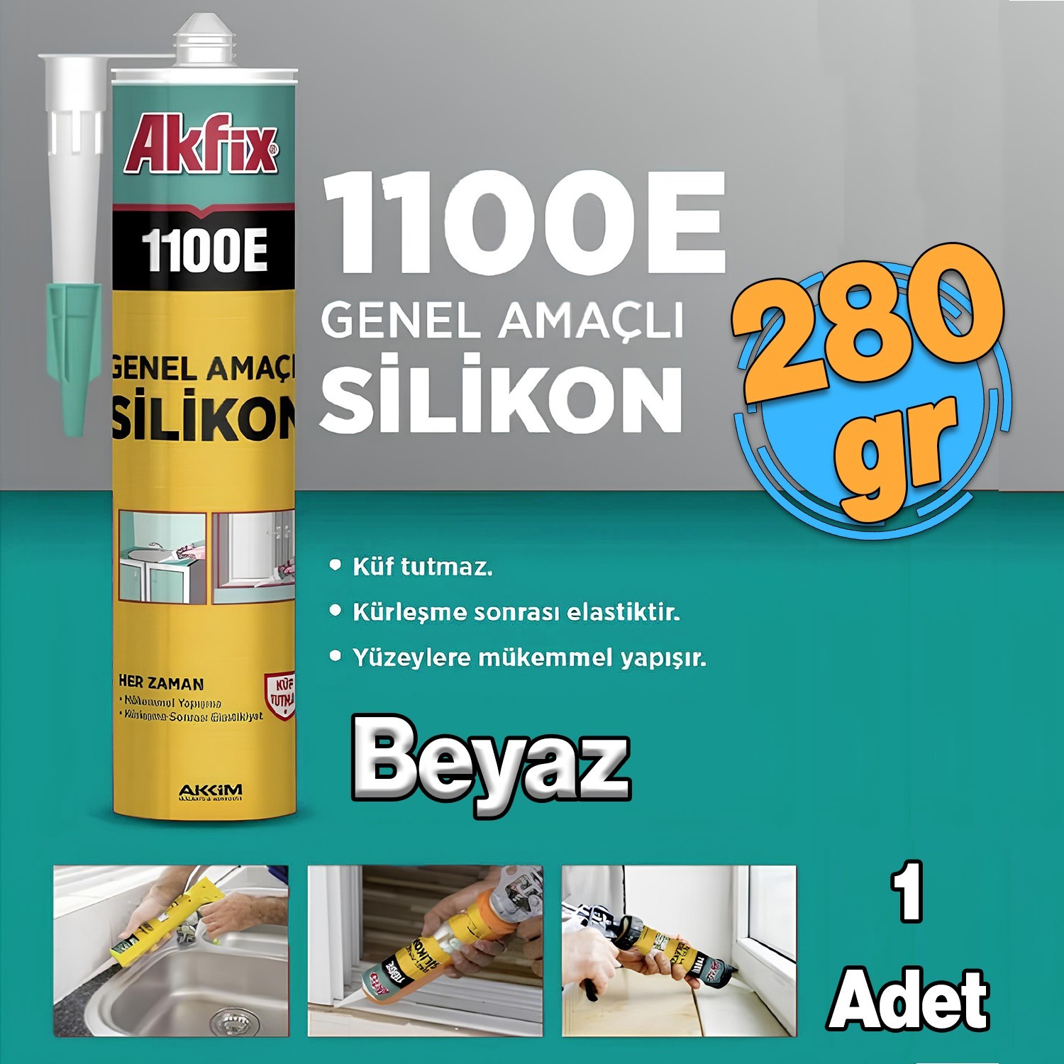 Akfix 1100E Beyaz Genel Amaçlı Silikon Yapıştırma Sızıntı Önleyici Dolgu Silikonu 280 gr 1 Adet