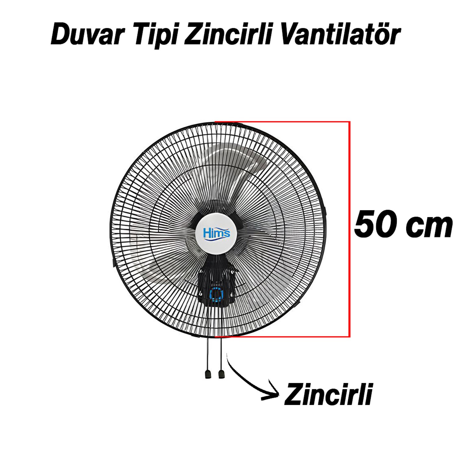Sanayi Tipi Duvar Vantilatörü Endüstriyel Sessiz Duvara Monte Zincirli Fan 50 cm 130W
