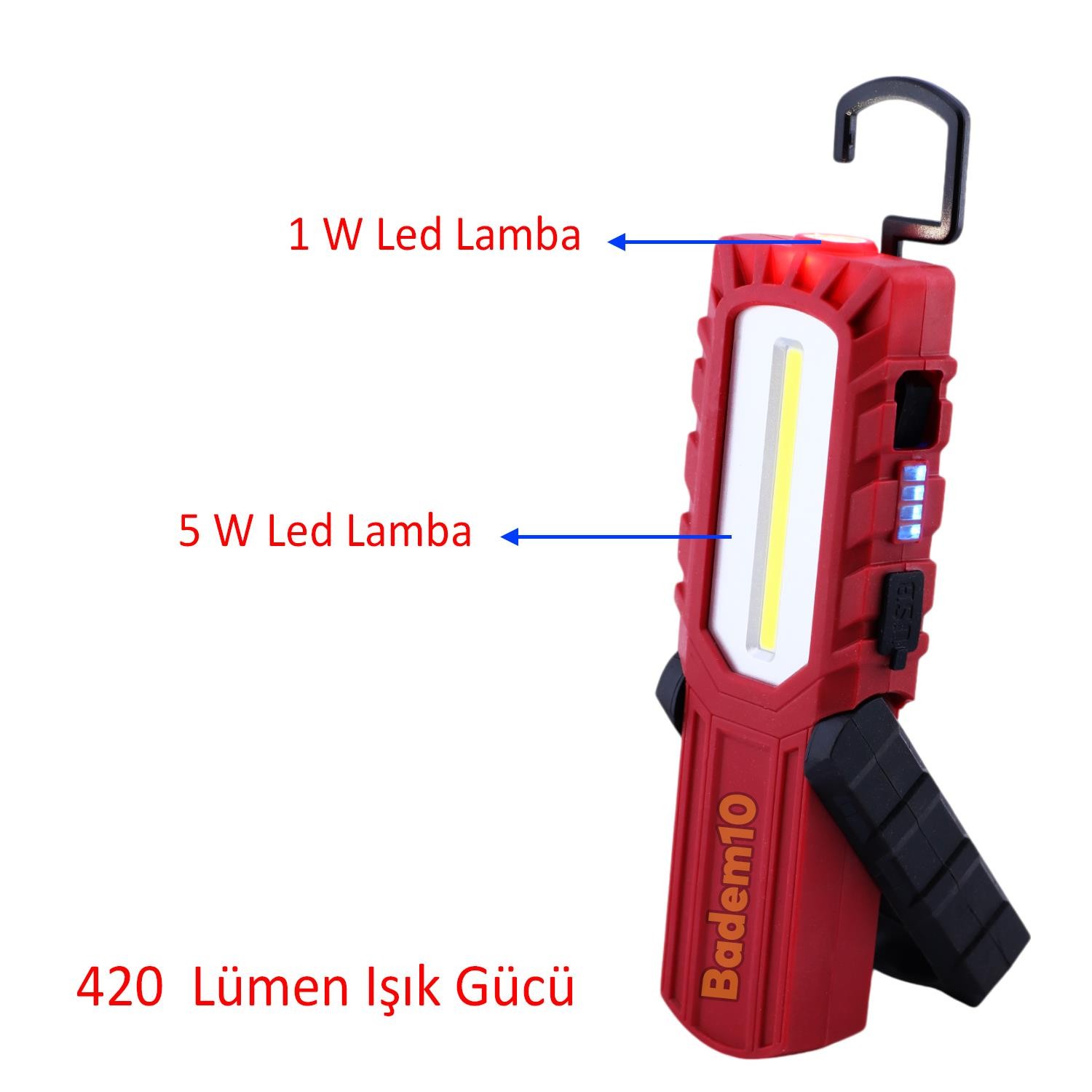 Mıknatıslı İş Lambası Led El Feneri Askılı Işıldak Kamp Lambası 5+1 W Şarjlı Gece Lambası 4400 mAh