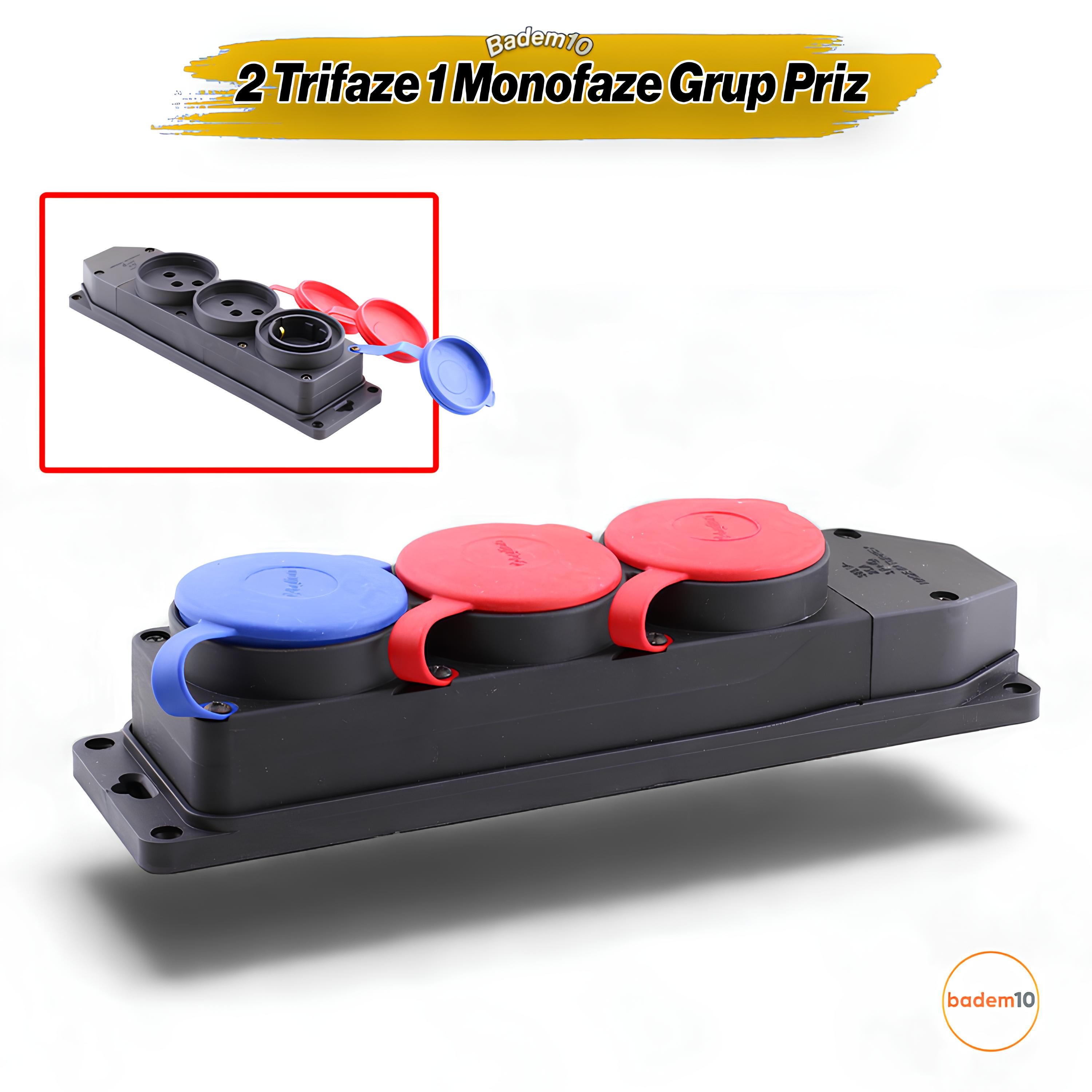 2 Trifaze 1 Monofaze 3'lü Çoğaltıcı Grup Priz Kablosuz ve Kombinli Kapaklı Klemensli Kauçuklu