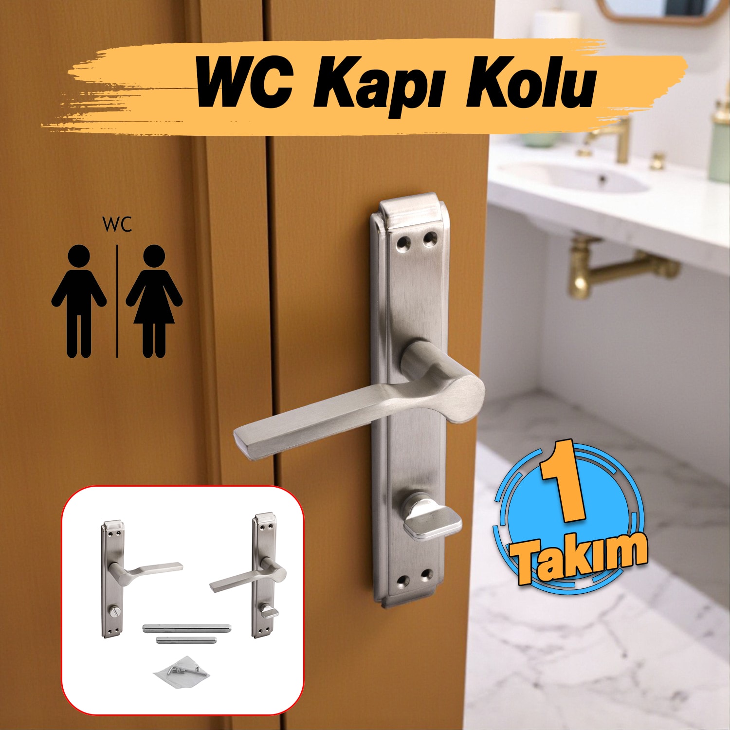 WC Banyo İç Kapı Kendinden Kilitli Kol Kolu Aynalı Sağa Sola Uygun Saten Renk Kapı Tutamağı 1 Takım