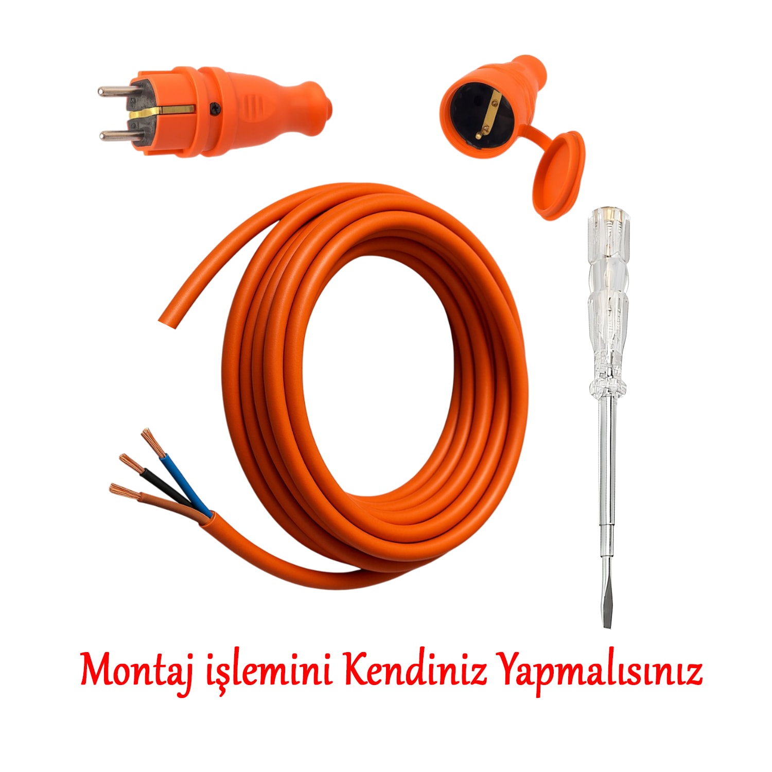 Seyyar 5 Metre Uzatma Kablosu TTR CCA Çok Telli 3x1.5 mm Elektrik Kablo Kontrol Kalem Dişi Erkek Fiş