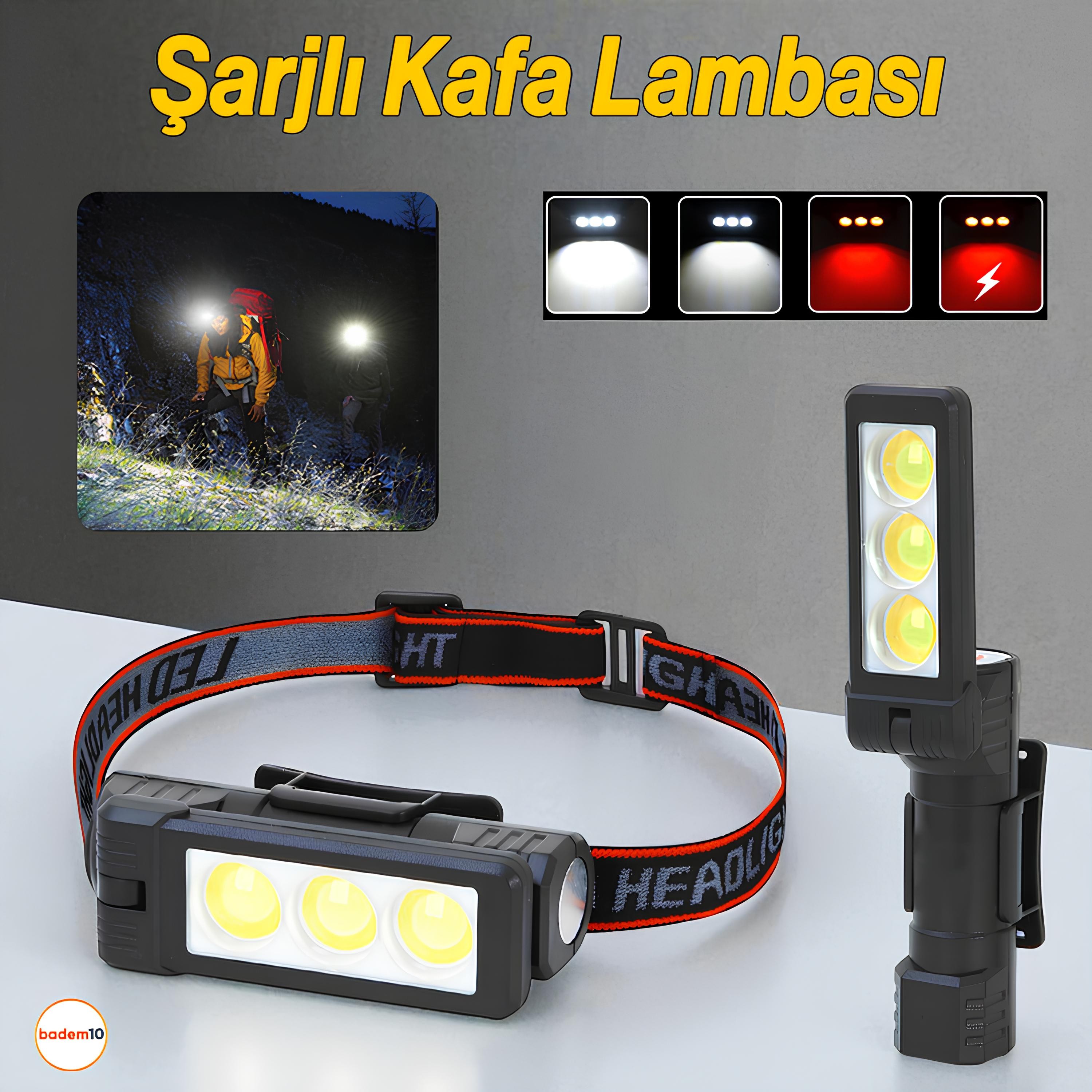 3 LED Kafa Feneri Kafa Lambası 10W Uzun Menzil Usb Şarjlı Ledli Işık Su Geçirmez Kamp El Feneri