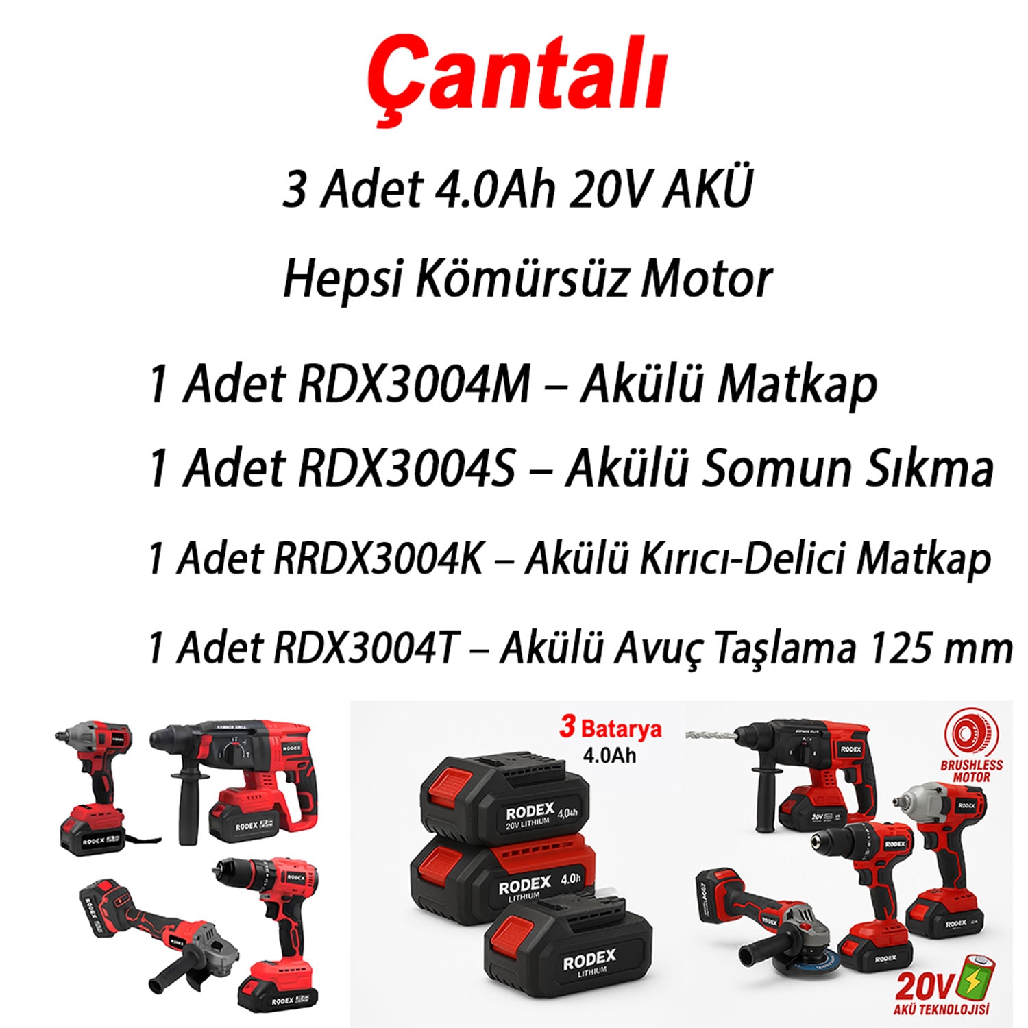 Rodex 20V Akülü 4’lü Şarjlı Matkap Seti Darbeli Matkap, Vidalama, Somun Sıkma ve Taşlama Makinesi