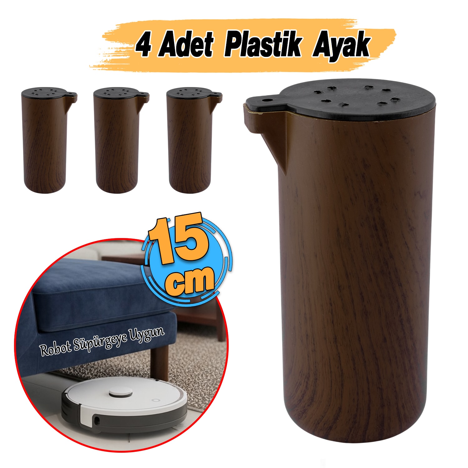 (4 Adet) Plastik Terra Kubik Kestane Kahvesi 15 cm Mobilya Kanepe Koltuk Baza Yükseltme Ayak Ayağı