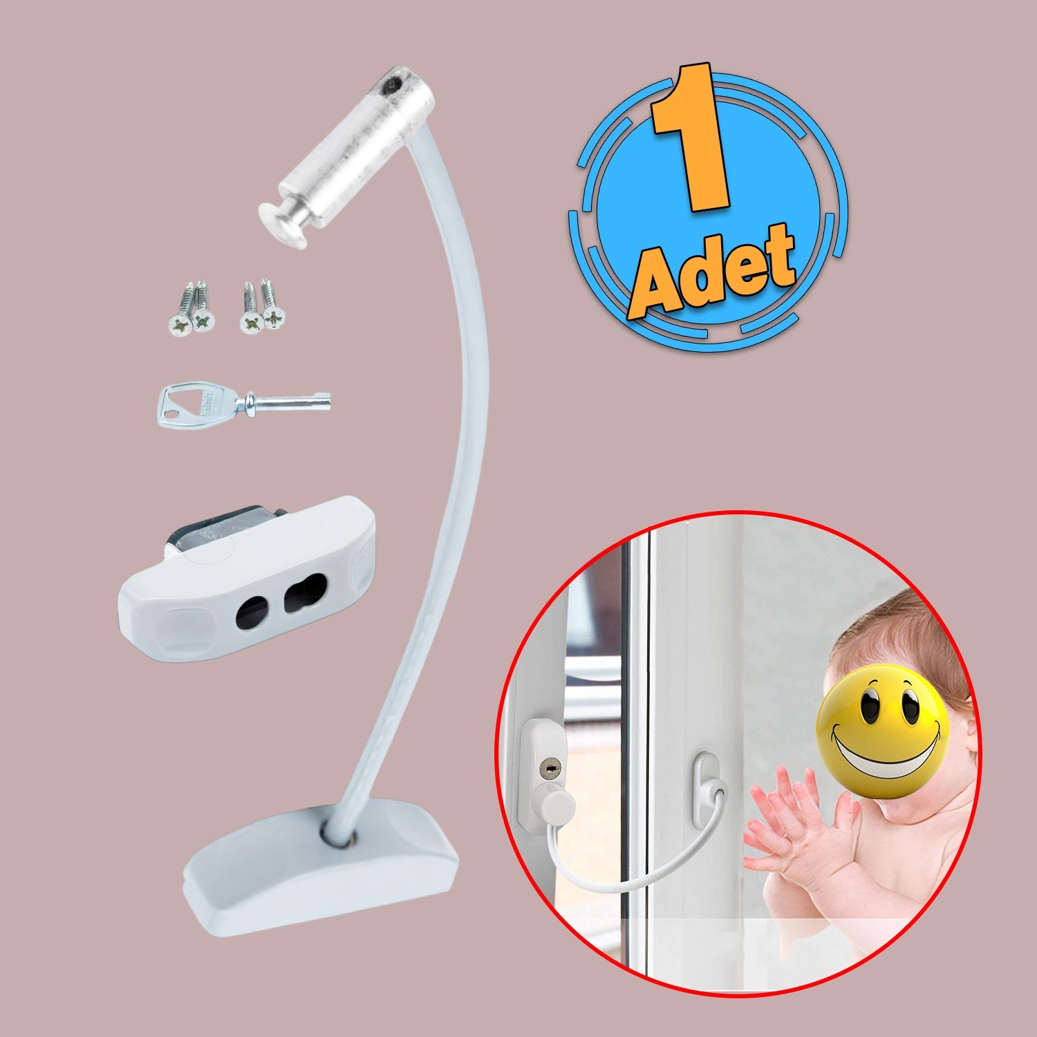 Çelik Halatlı Pencere Emniyet Kilidi Çocuk Pvc Mandalı Cam Hırsız Kilidi Beyaz Anahtarlı 1 Adet