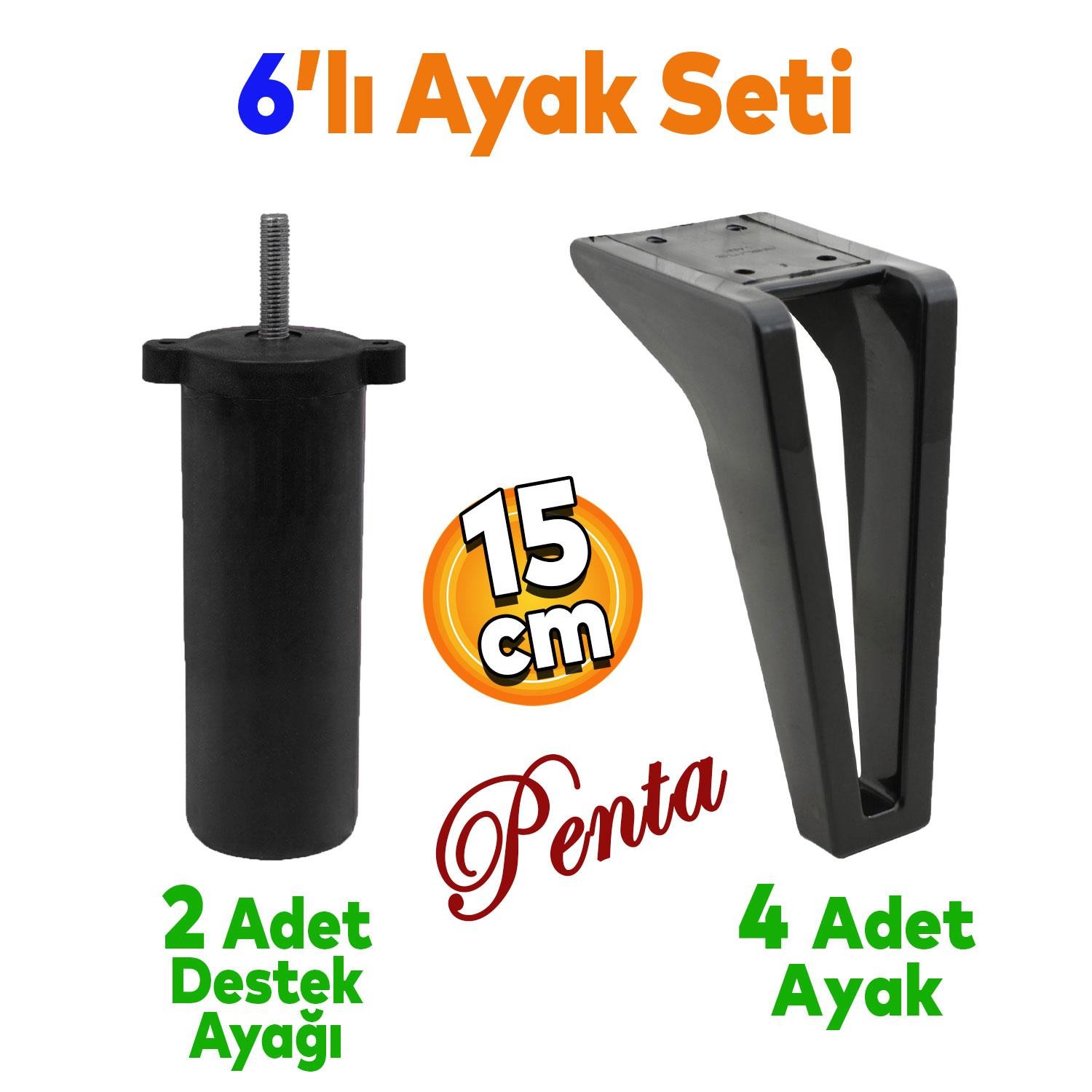 Penta 6'lı Set Mobilya TV Ünitesi Çekyat Koltuk Kanepe Destek Ayağı 15 cm Siyah Ayak M8 Civatalı