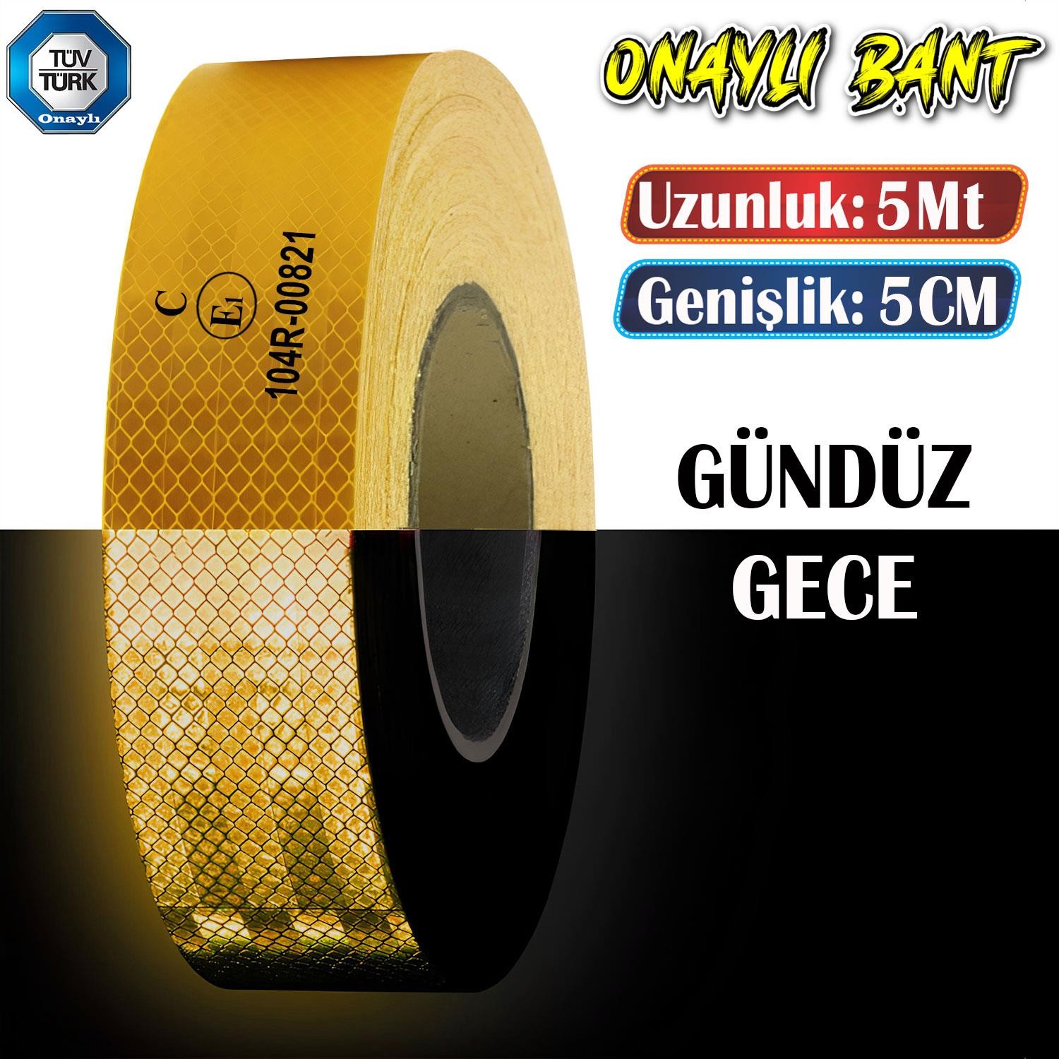 Tüvtürk Onaylı Bant Sarı 5 Metre 5 cm Belgeli Reflektörlü Reflektif Fosforlu Şerit Bant İkaz Bandı