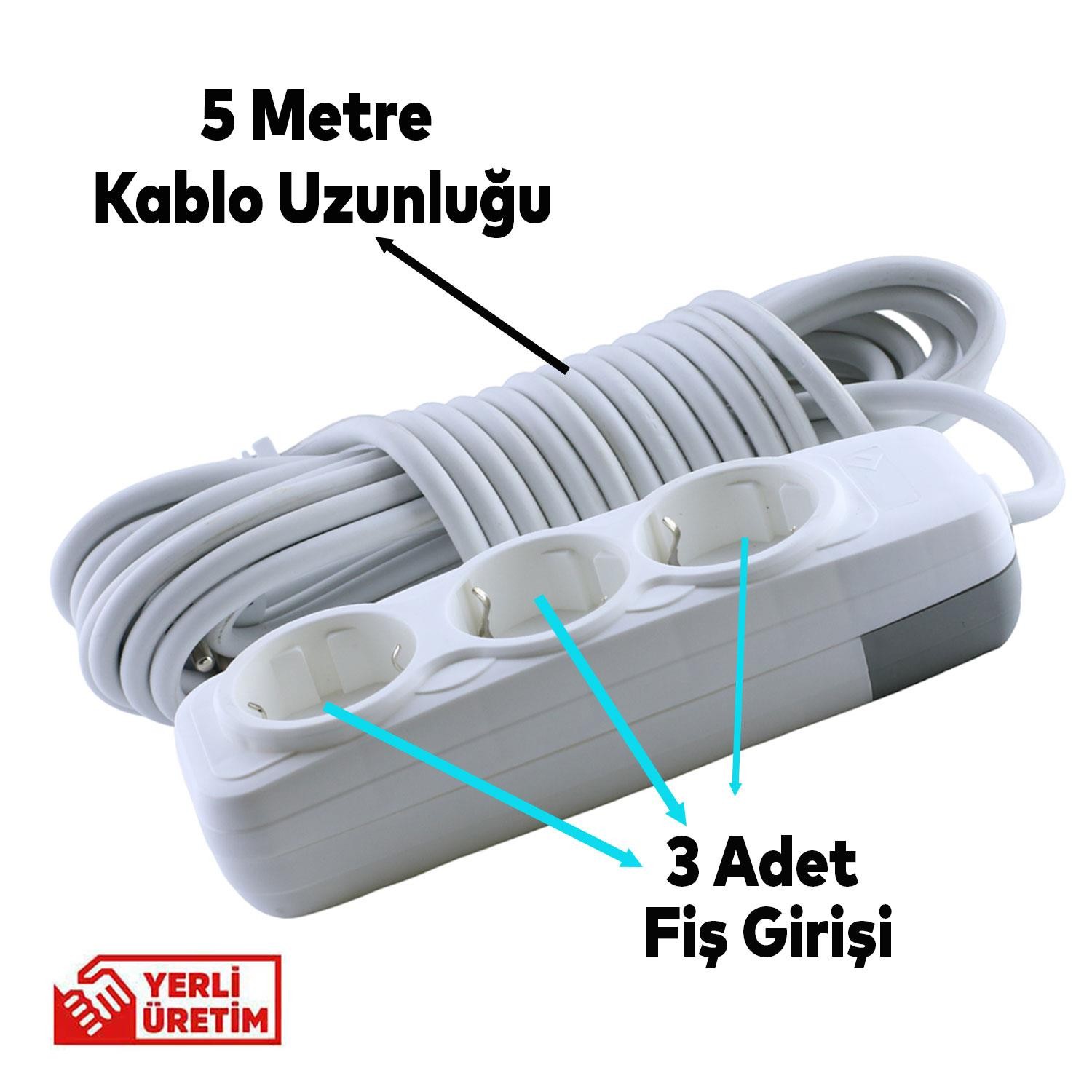 Grup Priz 3'lü Anahtarsız Topraklı 5 Metre Seyyar Ara Kablolu Uzatma Kablolusu Üçlü Piriz