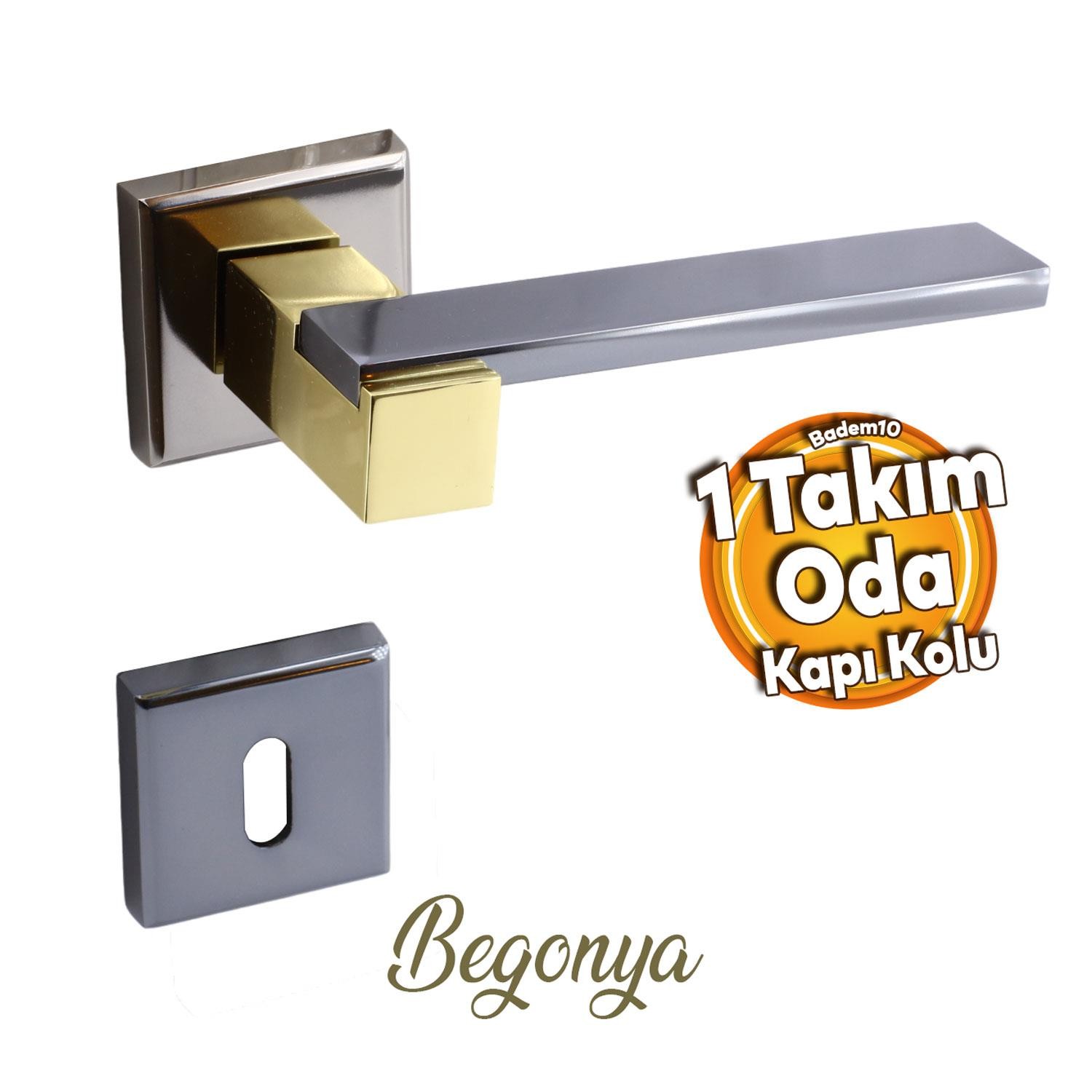 Begonya Lüx Füme Gold Kare Rozetli Oda Uyumlu Kapı Kolu Sağa ve Sola Uygun Kapı Kolları 1 Takım