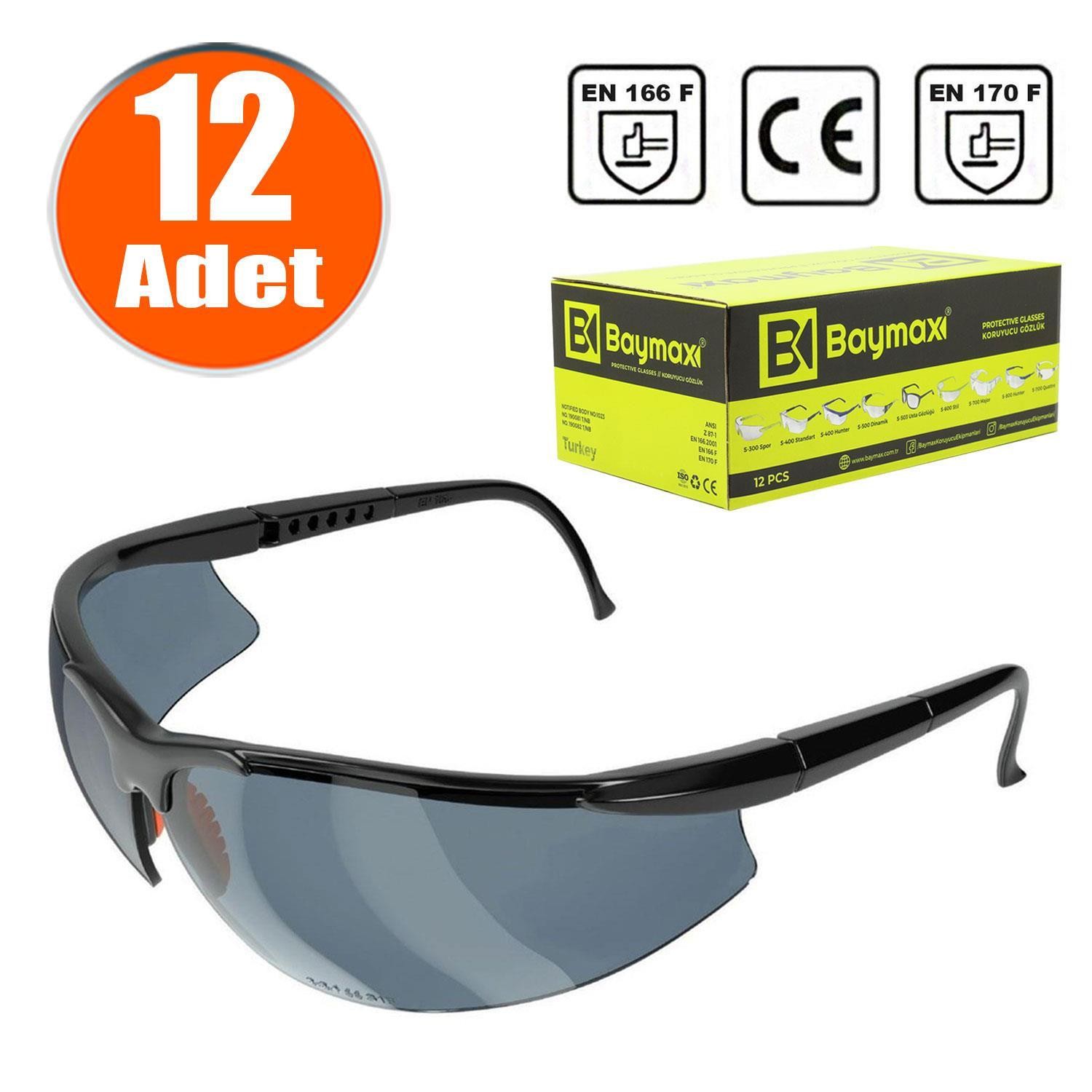 Baymax İş Güvenlik Gözlüğü Koruyucu Silikonlu Gözlük S600 Füme (12 ADET)